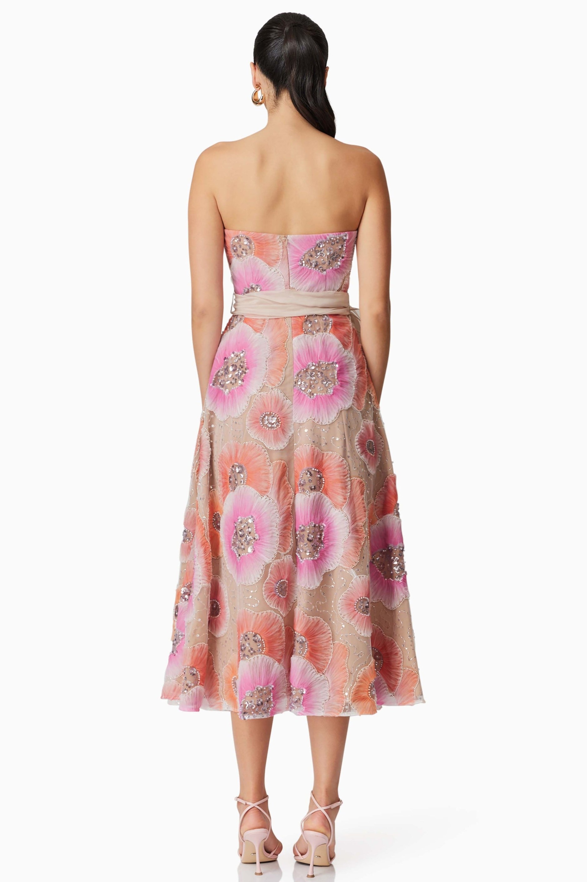 Nail Bead Embroidery Strapless Midi Dress With Belt