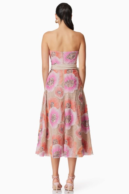 Nail Bead Embroidery Strapless Midi Dress With Belt