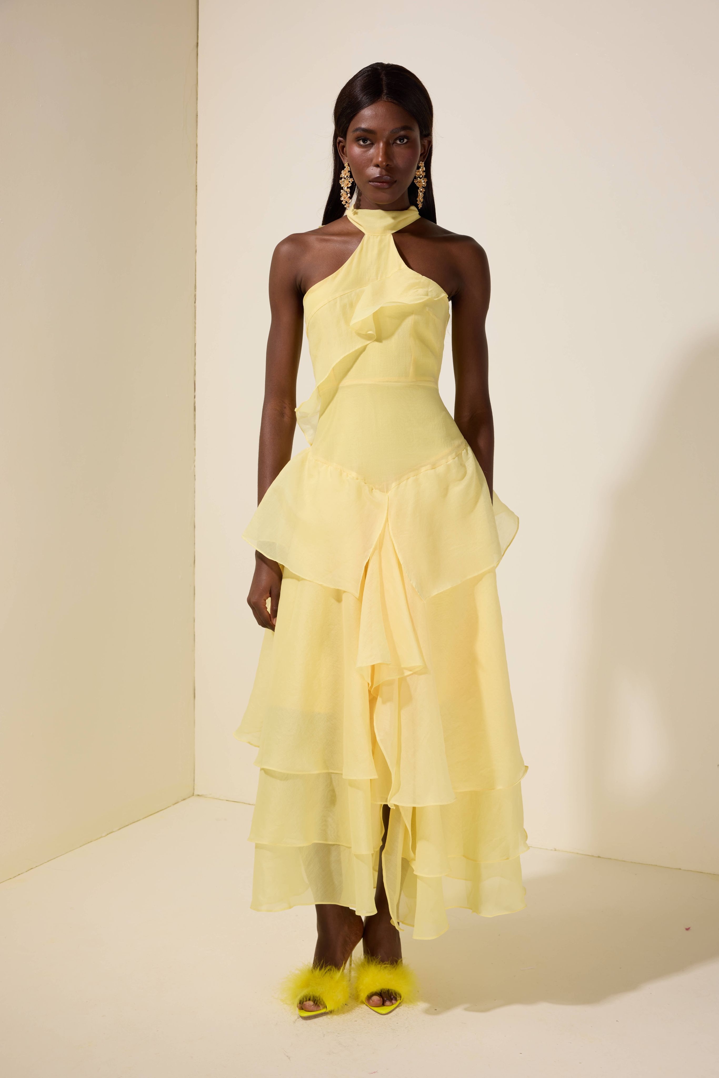 Solid Halter Neck Ruffle Maxi Dress