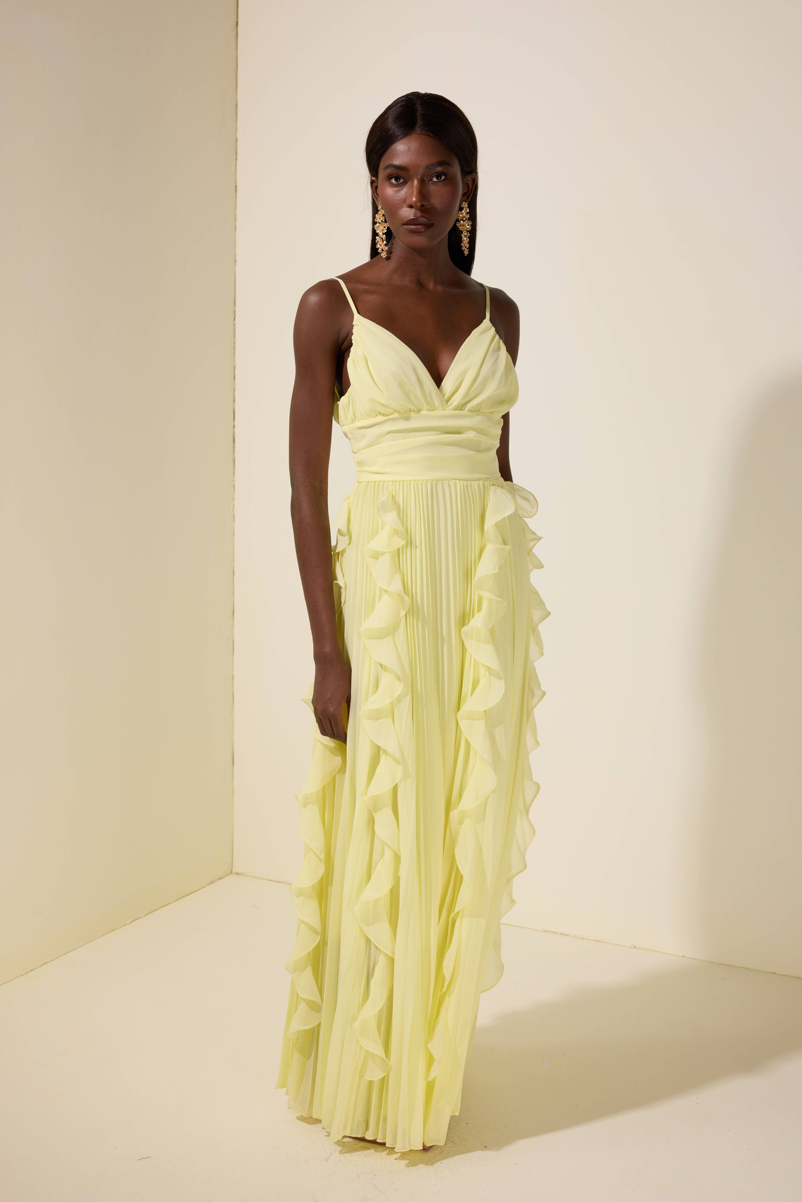 Chiffon Frill Pleated Maxi Dress