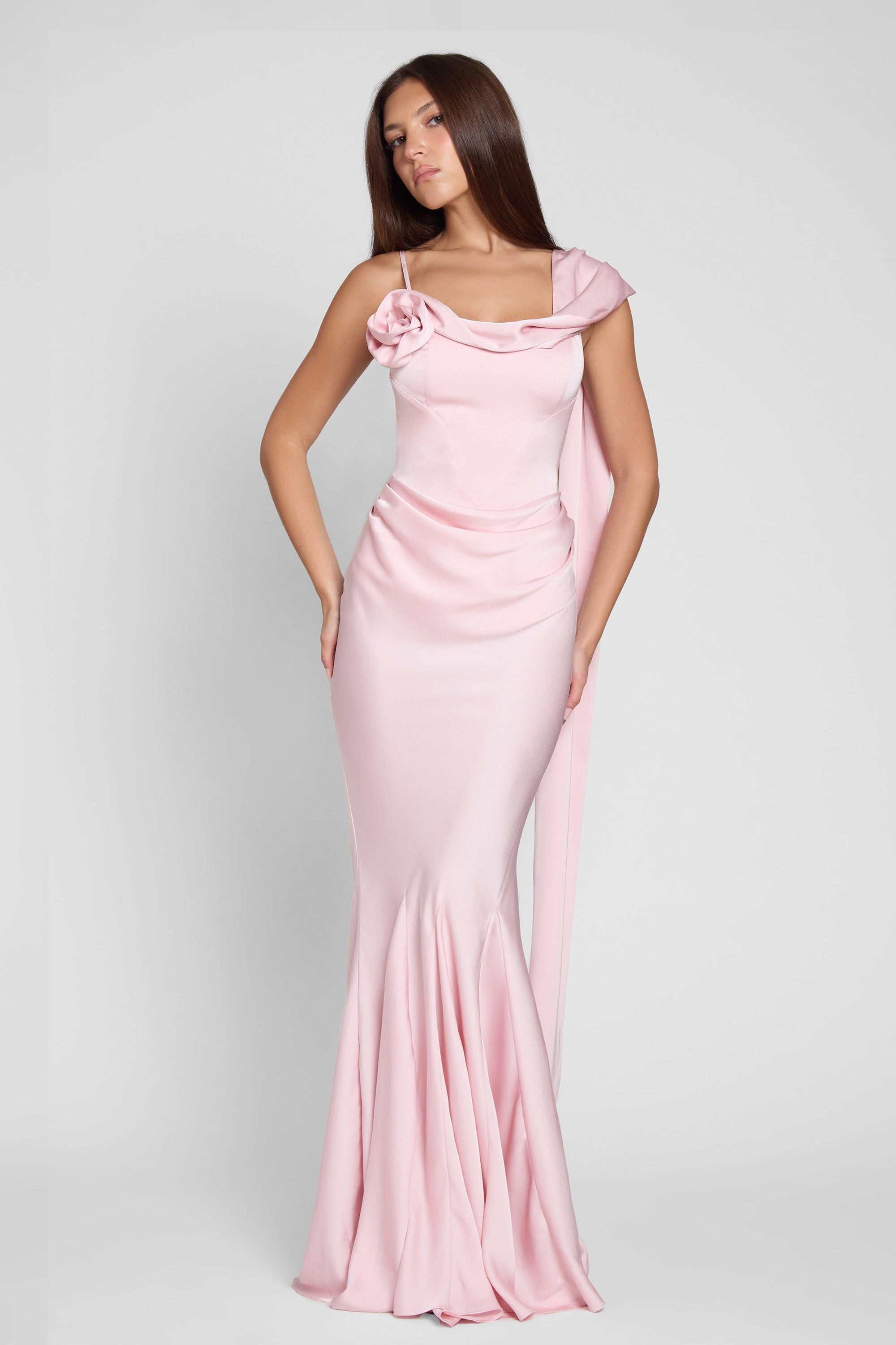 3D Flower Satin Bodycom Maxi Dress