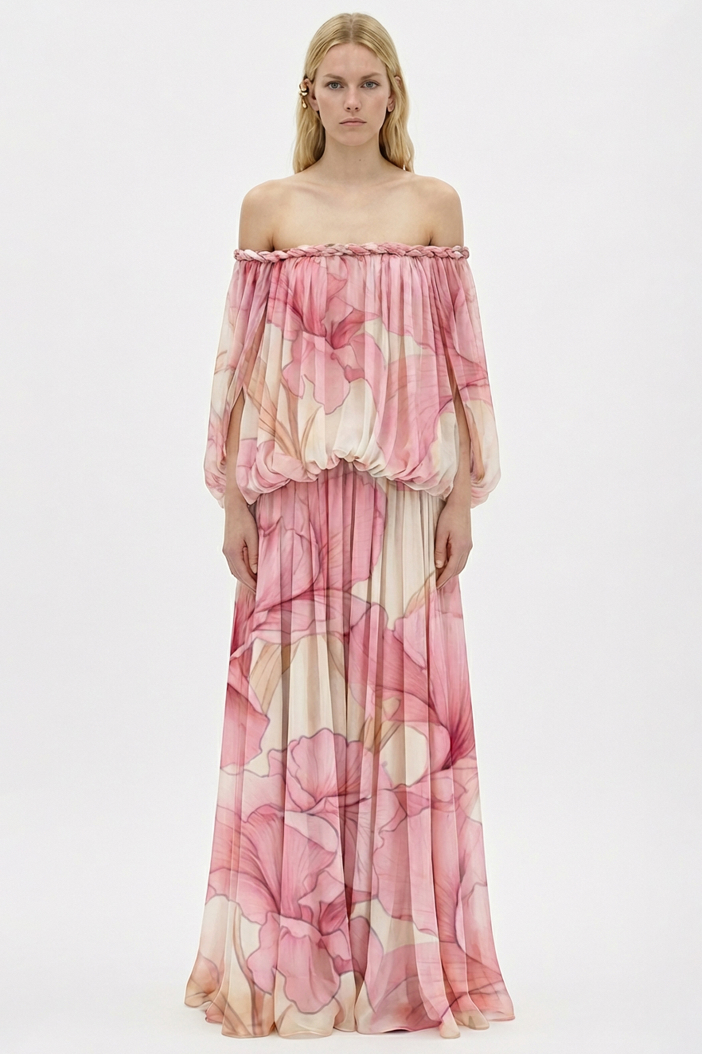 Floral Decorative Rope Off Shoulder Maxi Dress