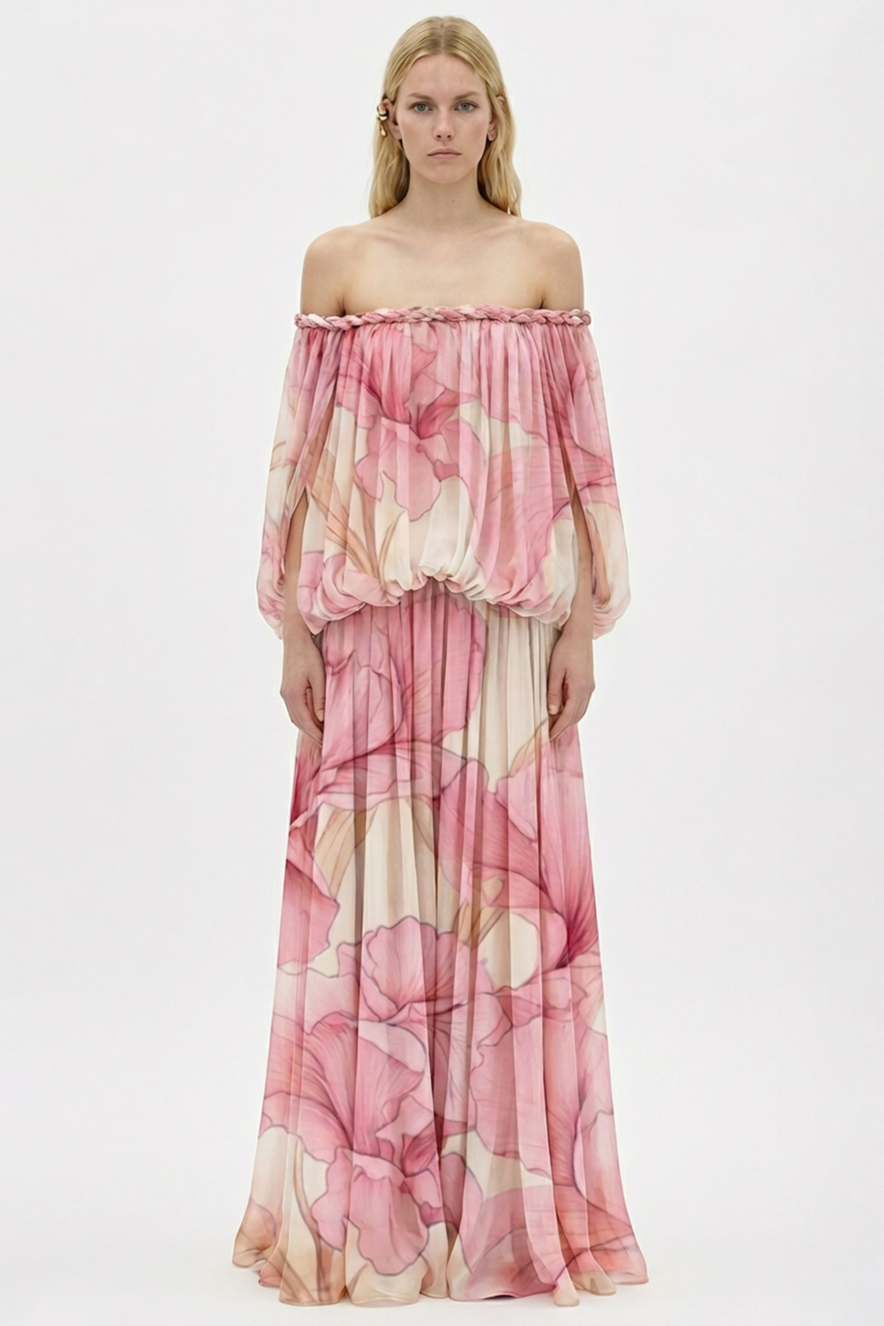 Floral Decorative Rope Off Shoulder Maxi Dress
