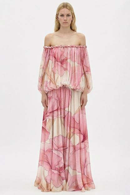 Floral Decorative Rope Off Shoulder Maxi Dress
