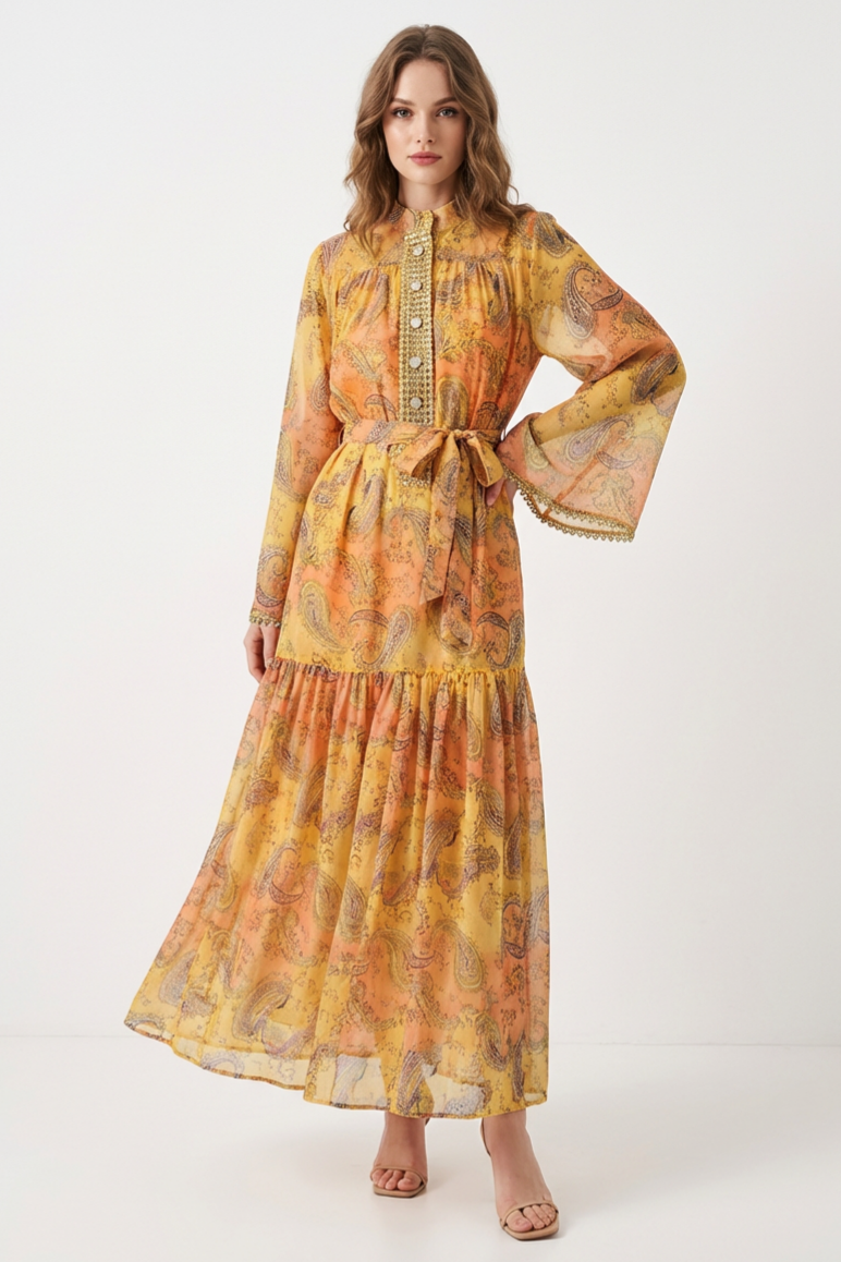 Paisley Print Stand Collar Lace Maxi Dress With Belt