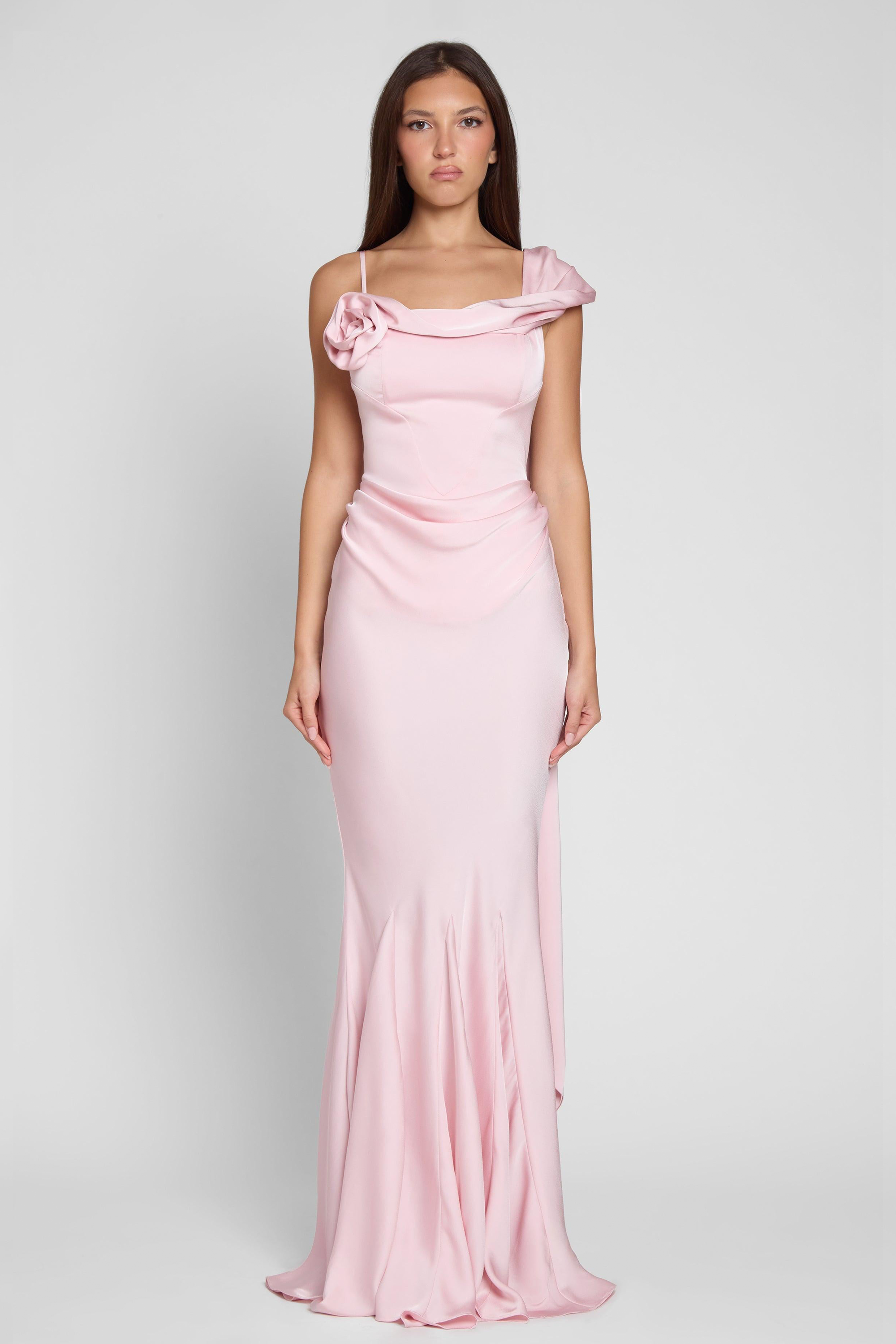 3D Flower Satin Bodycom Maxi Dress