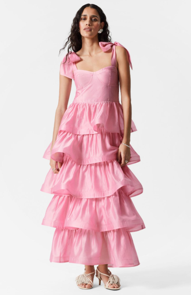 Ruffle Lace-Up Sweetheart Neck Midi Dress
