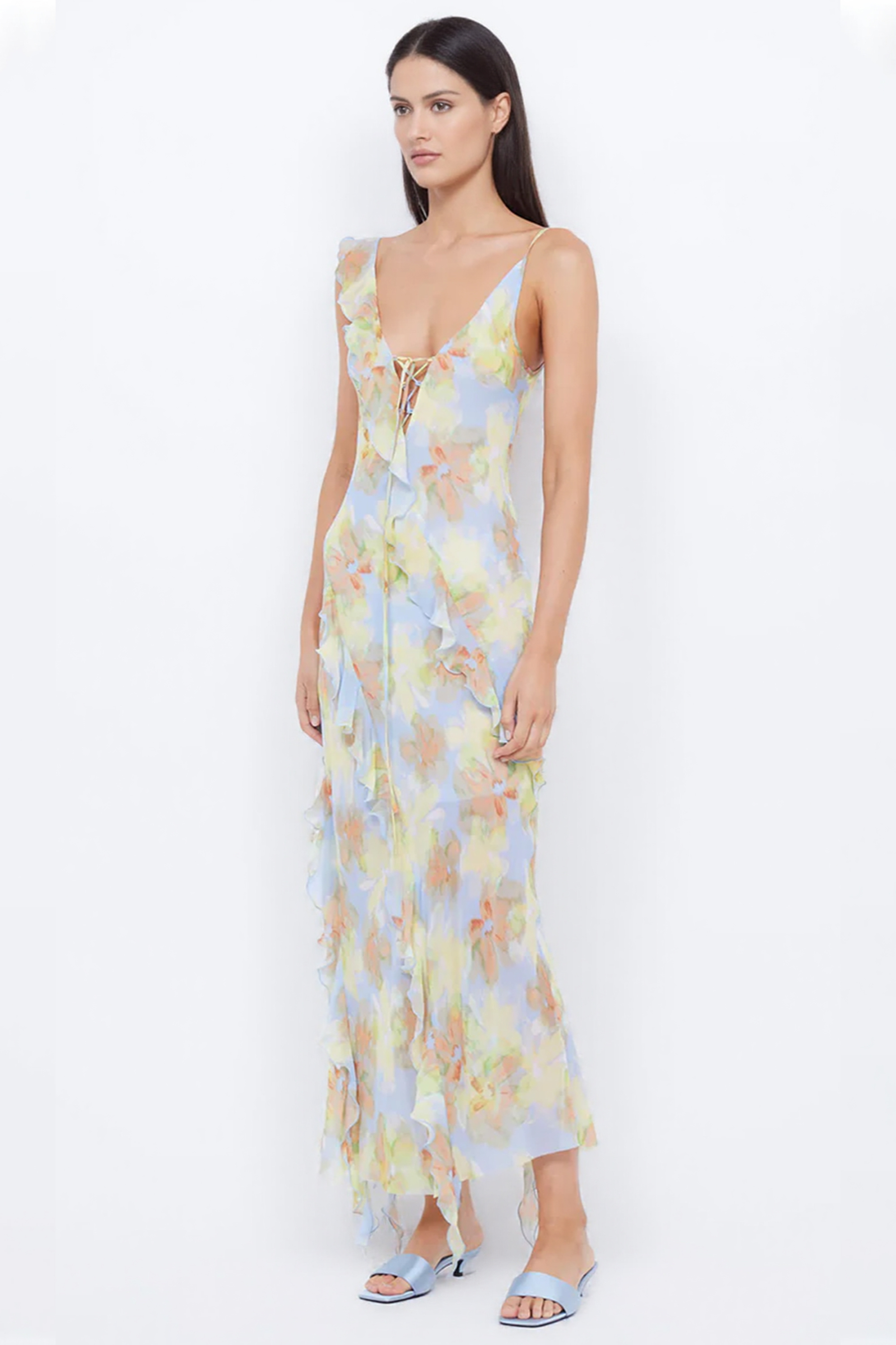 Tie Dye Ruffle Tie-Up Midi Dress