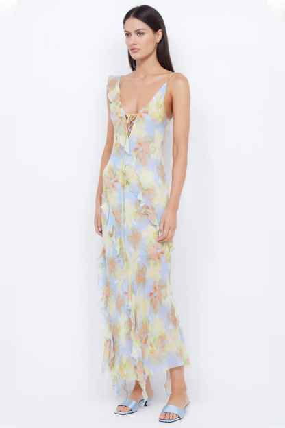 Tie Dye Ruffle Tie-Up Midi Dress