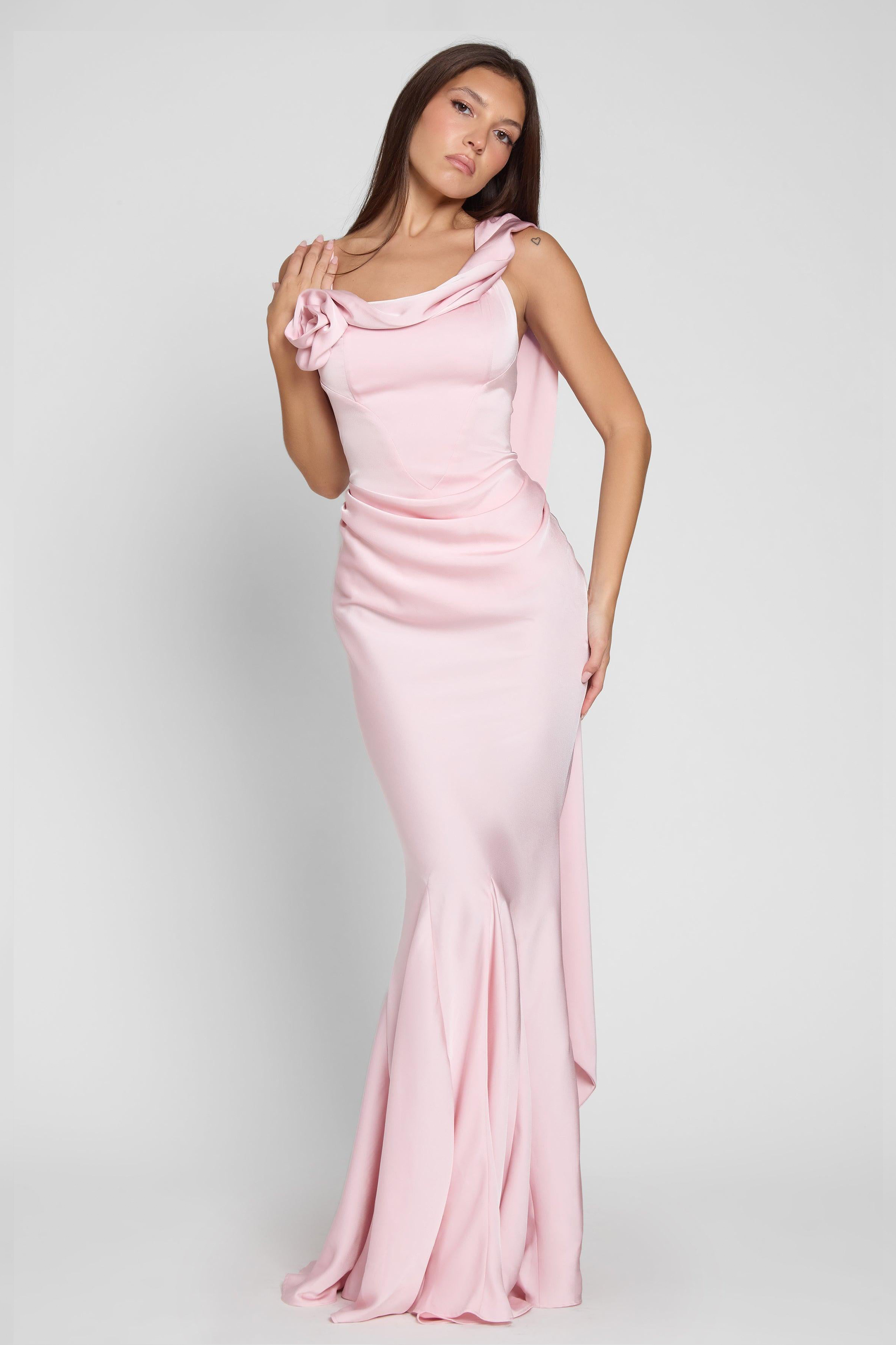 3D Flower Satin Bodycom Maxi Dress