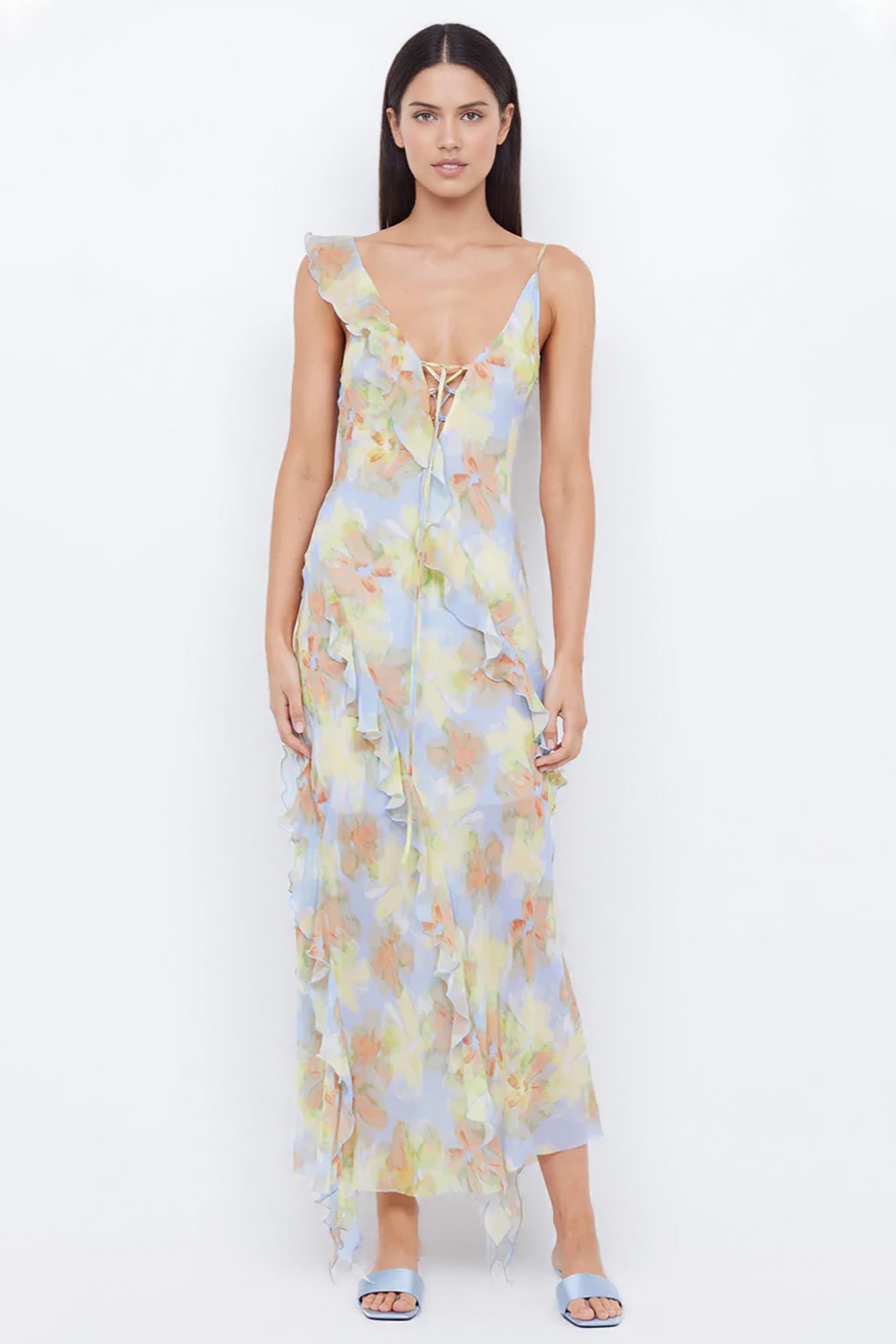 Tie Dye Ruffle Tie-Up Midi Dress