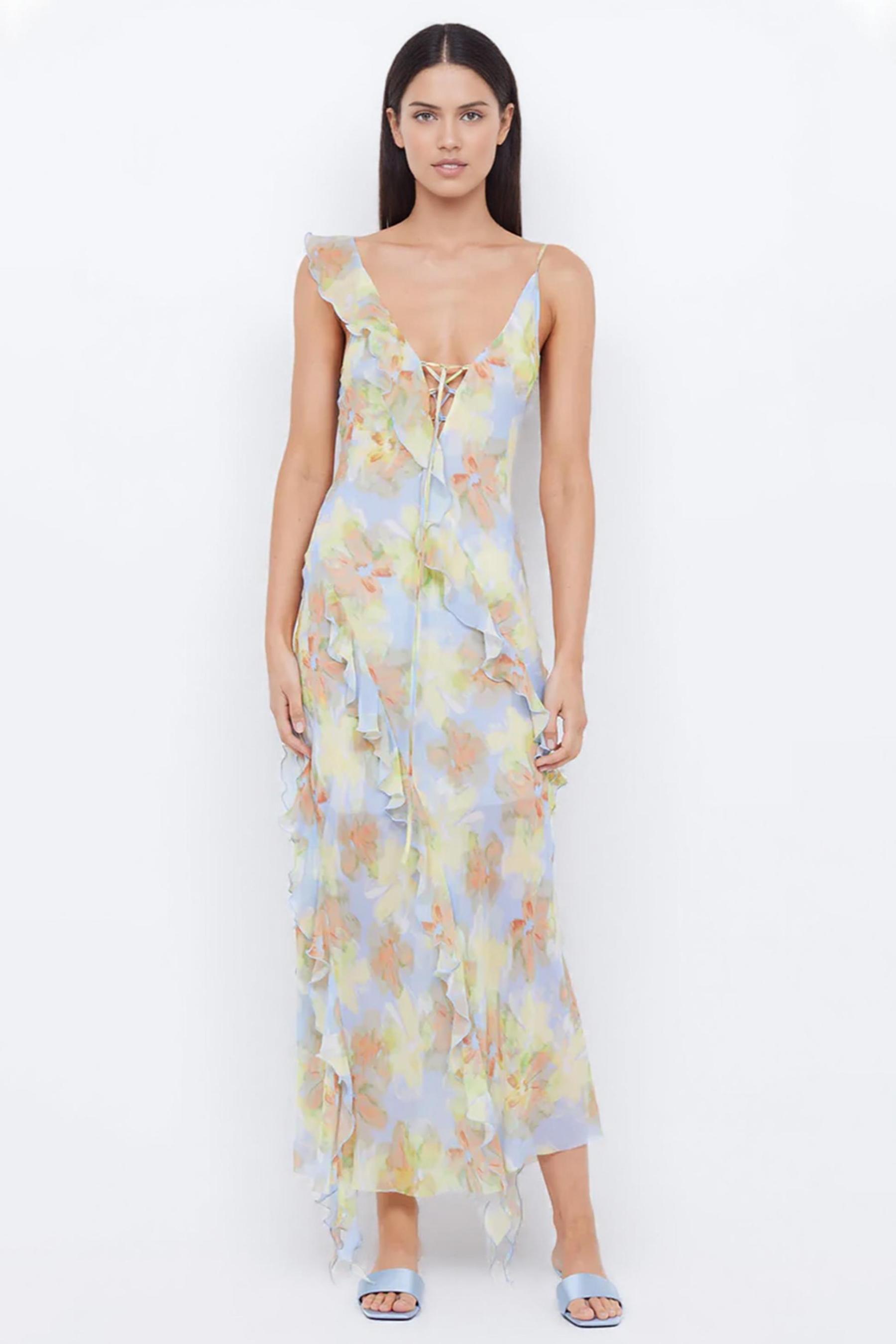 Tie Dye Ruffle Tie-Up Midi Dress