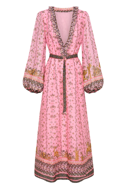 FLoral V-Neck Frill Midi Dress With Belt