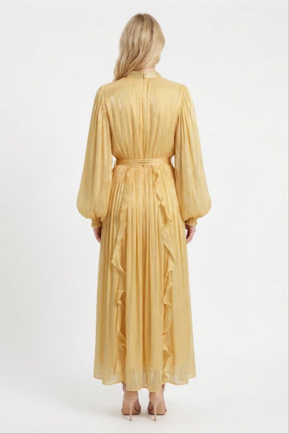 Satin Single Breasted Ruffle Maxi Dress With Belt