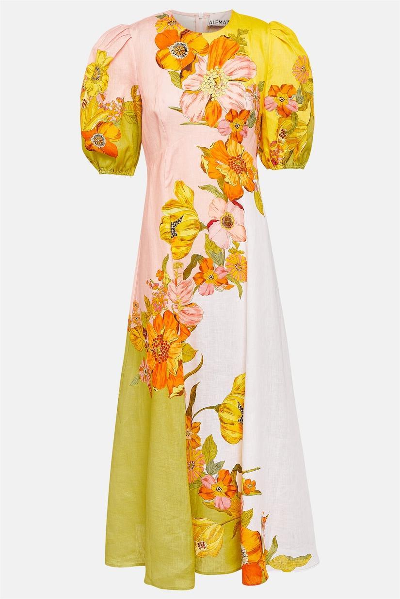 Floral Puff Sleeve Round Neckline Midi Dress
