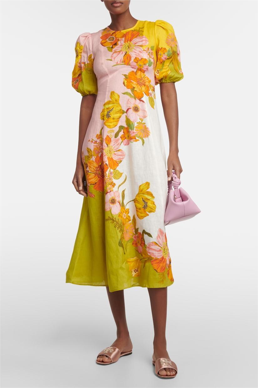 Floral Puff Sleeve Round Neckline Midi Dress
