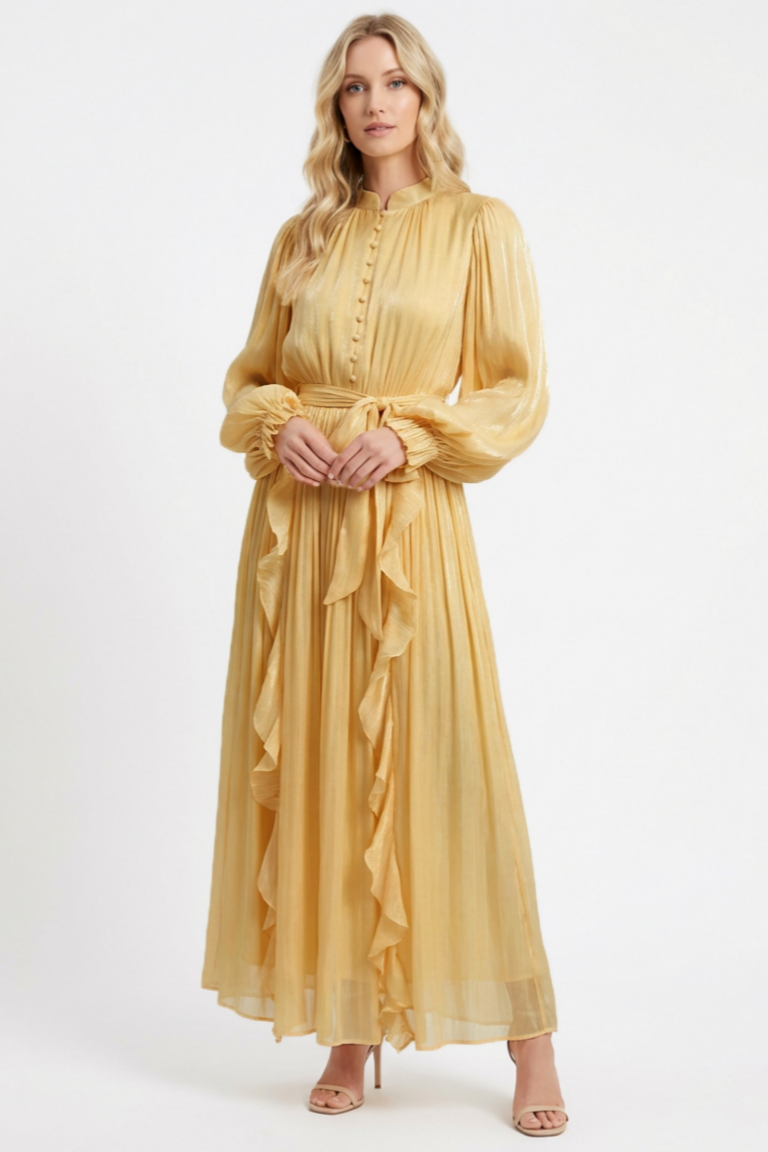 Satin Single Breasted Ruffle Maxi Dress With Belt