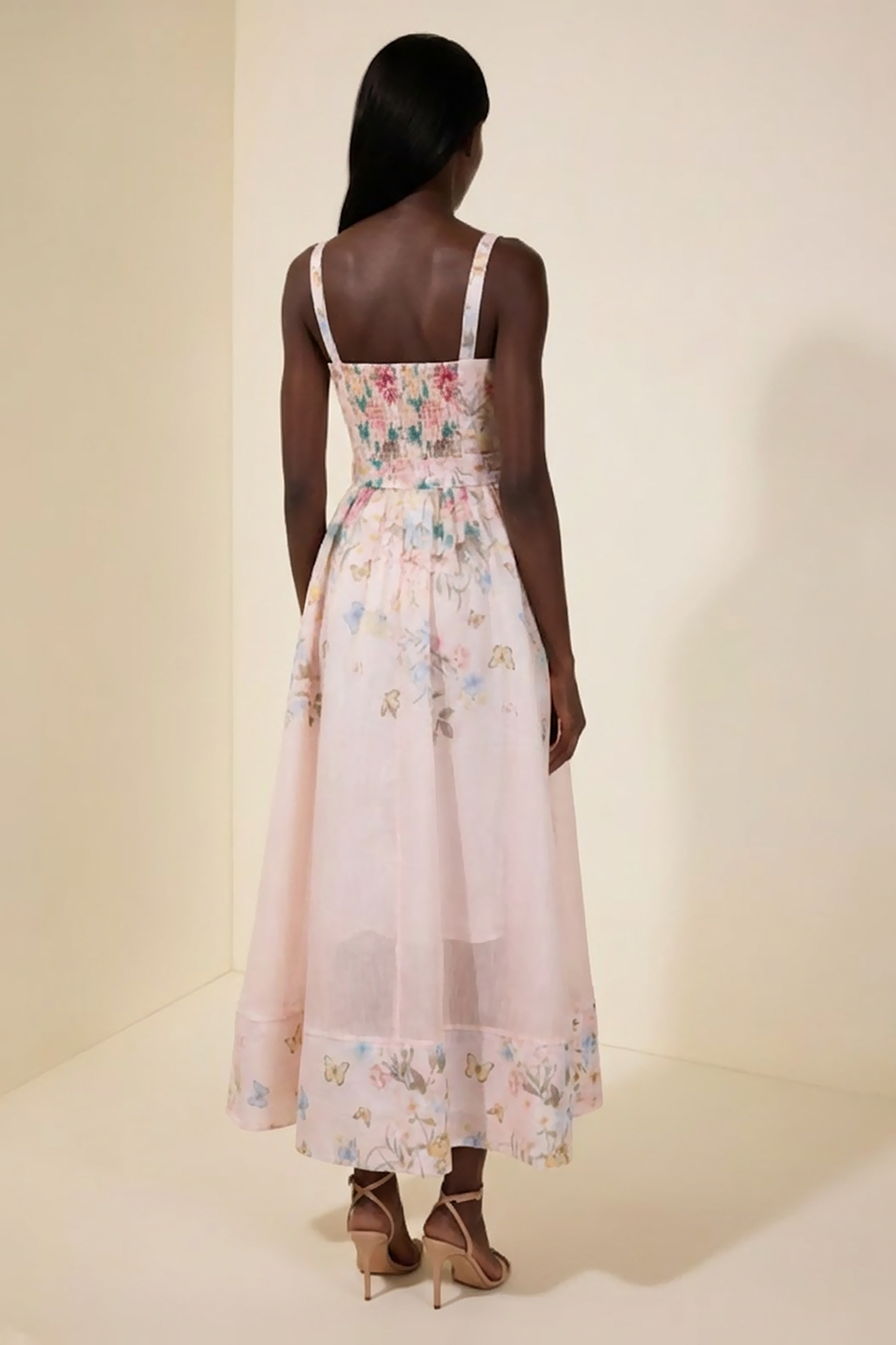 Floral Smocking Square Collar Midi Dress With Belt