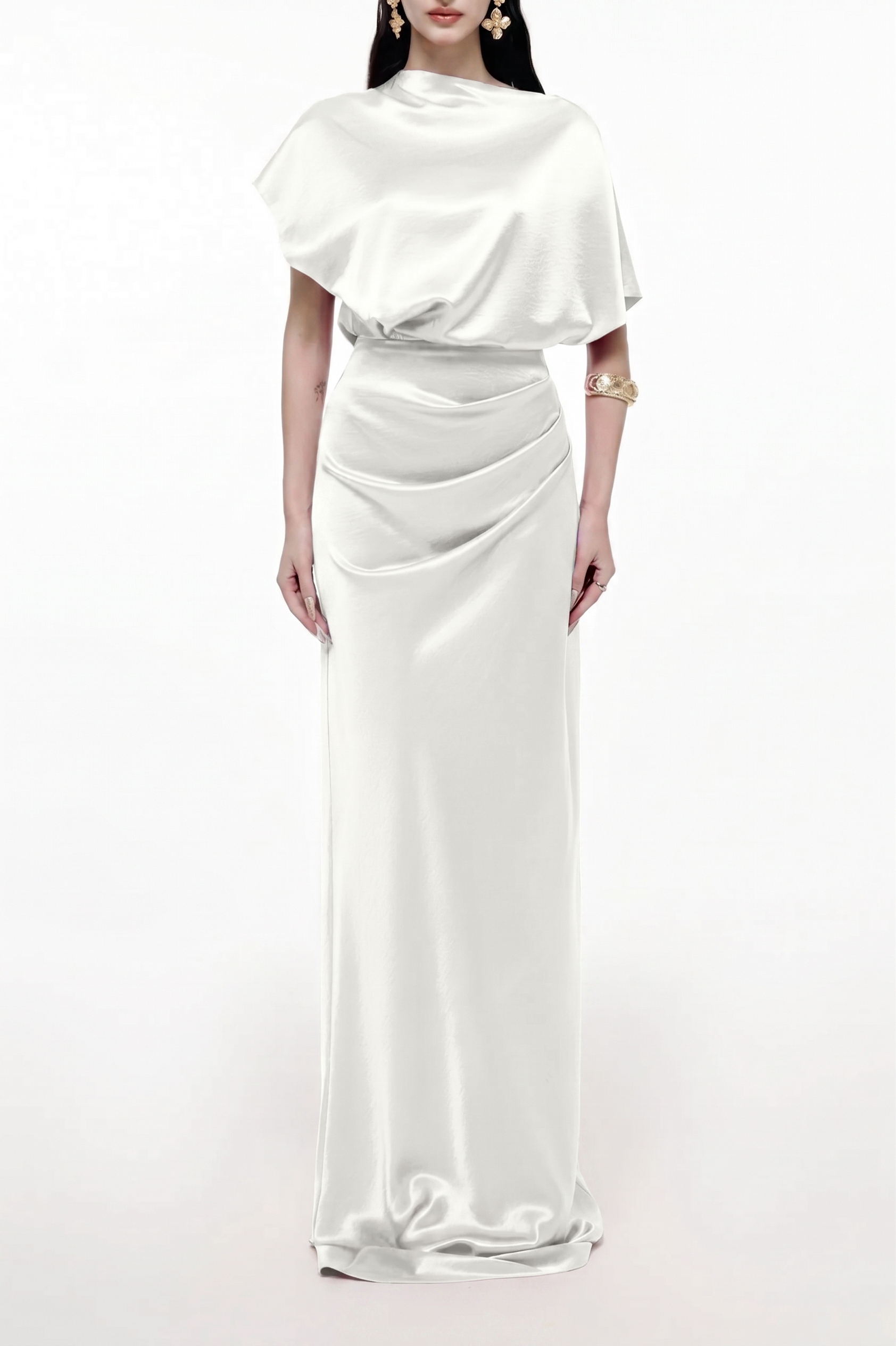Satin Solid Ruched Maxi Dress