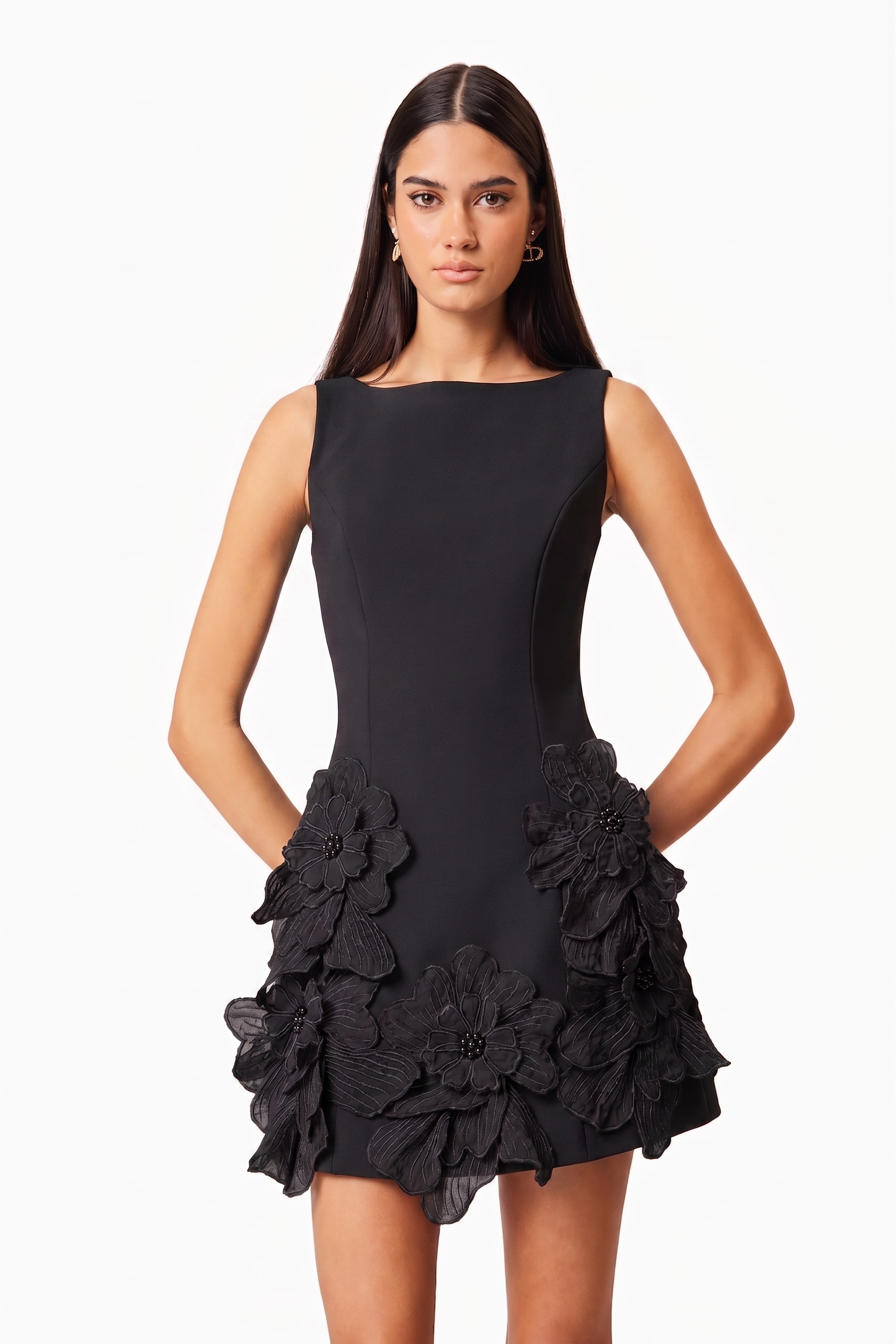 3D Flower Solid Round Neck Mini Dress