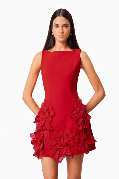 3D Flower Solid Round Neck Mini Dress