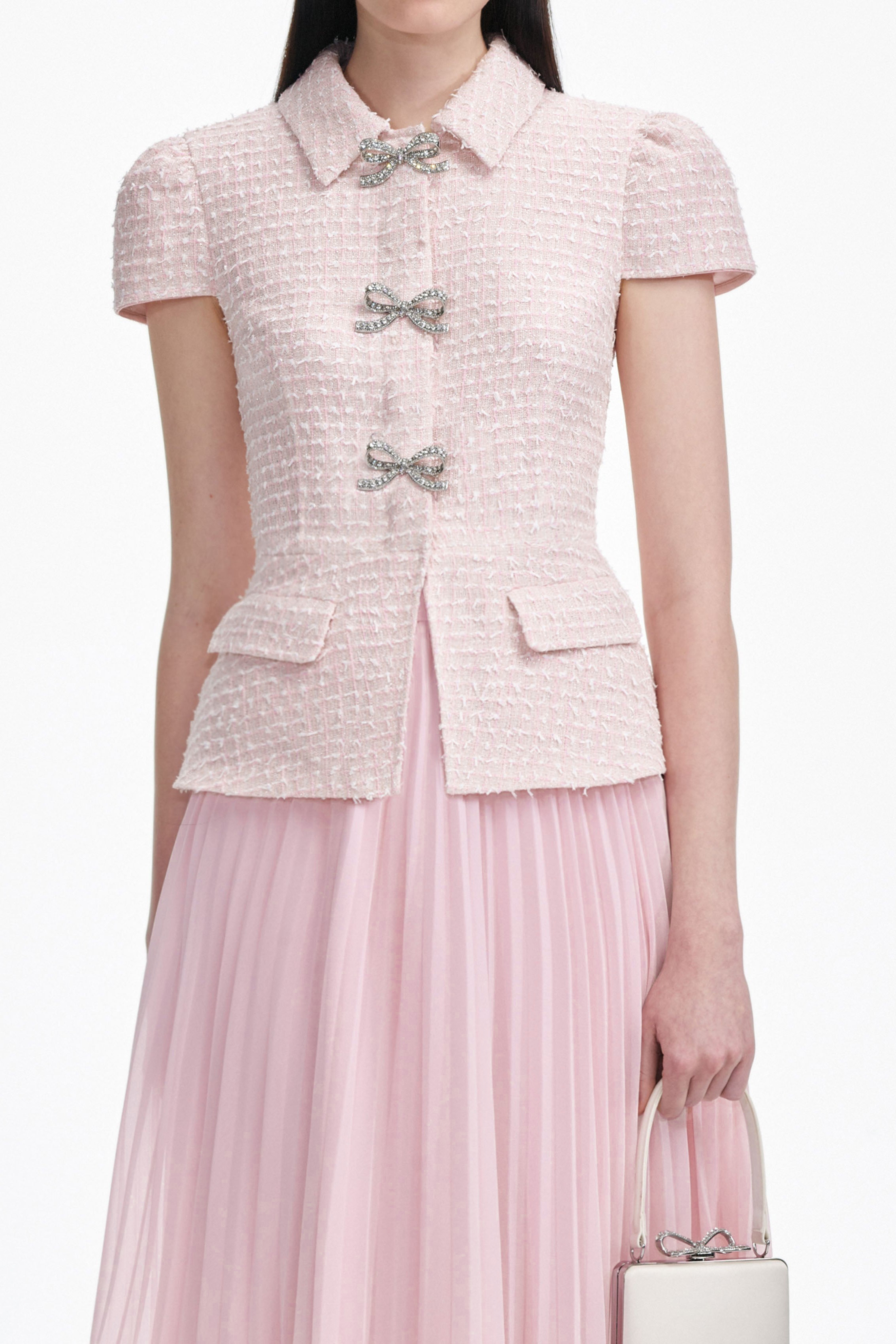 Bow Trim Top & High Waist Midi Skirt Set