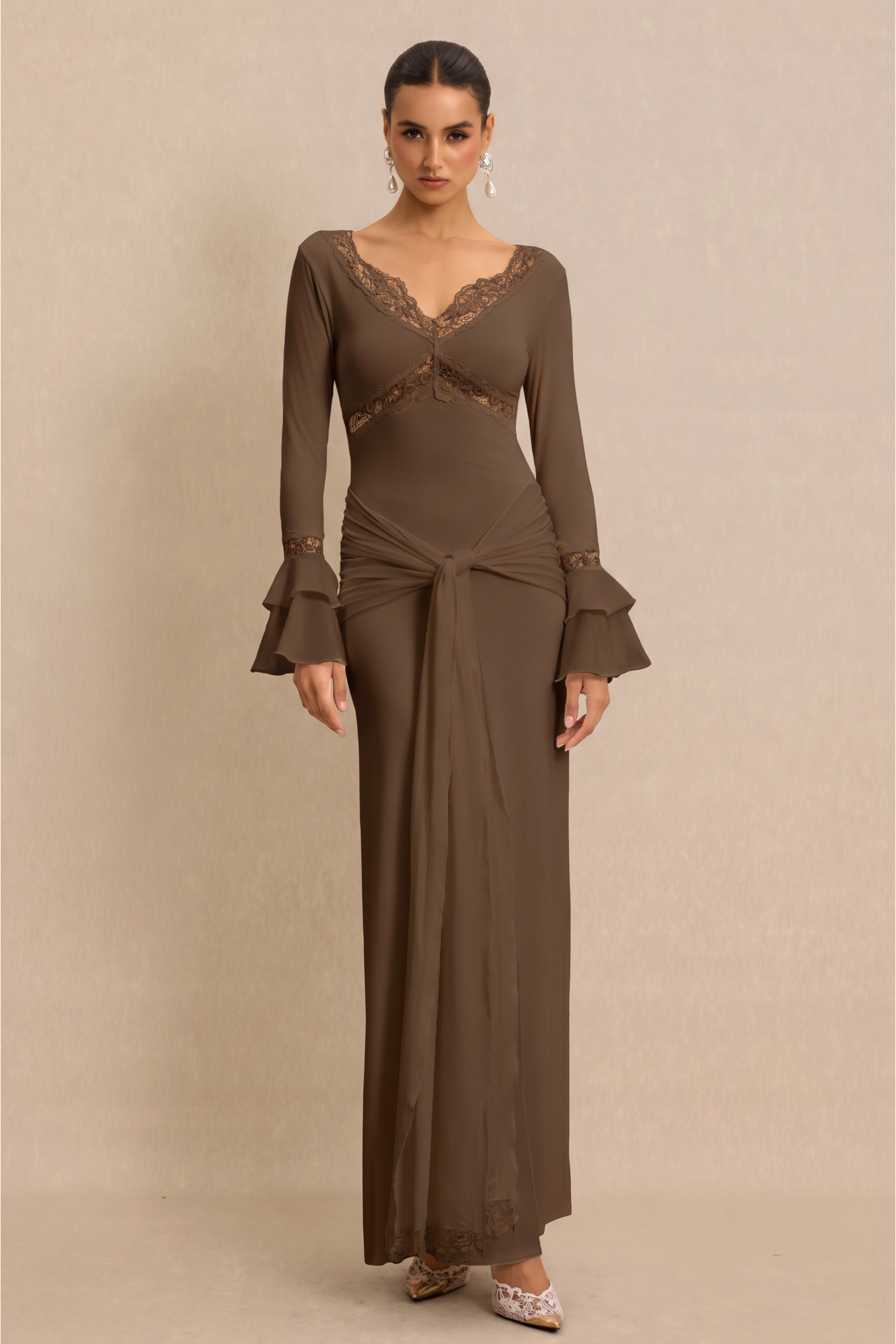 Lace Splicing Jersey Frill Maxi Dress