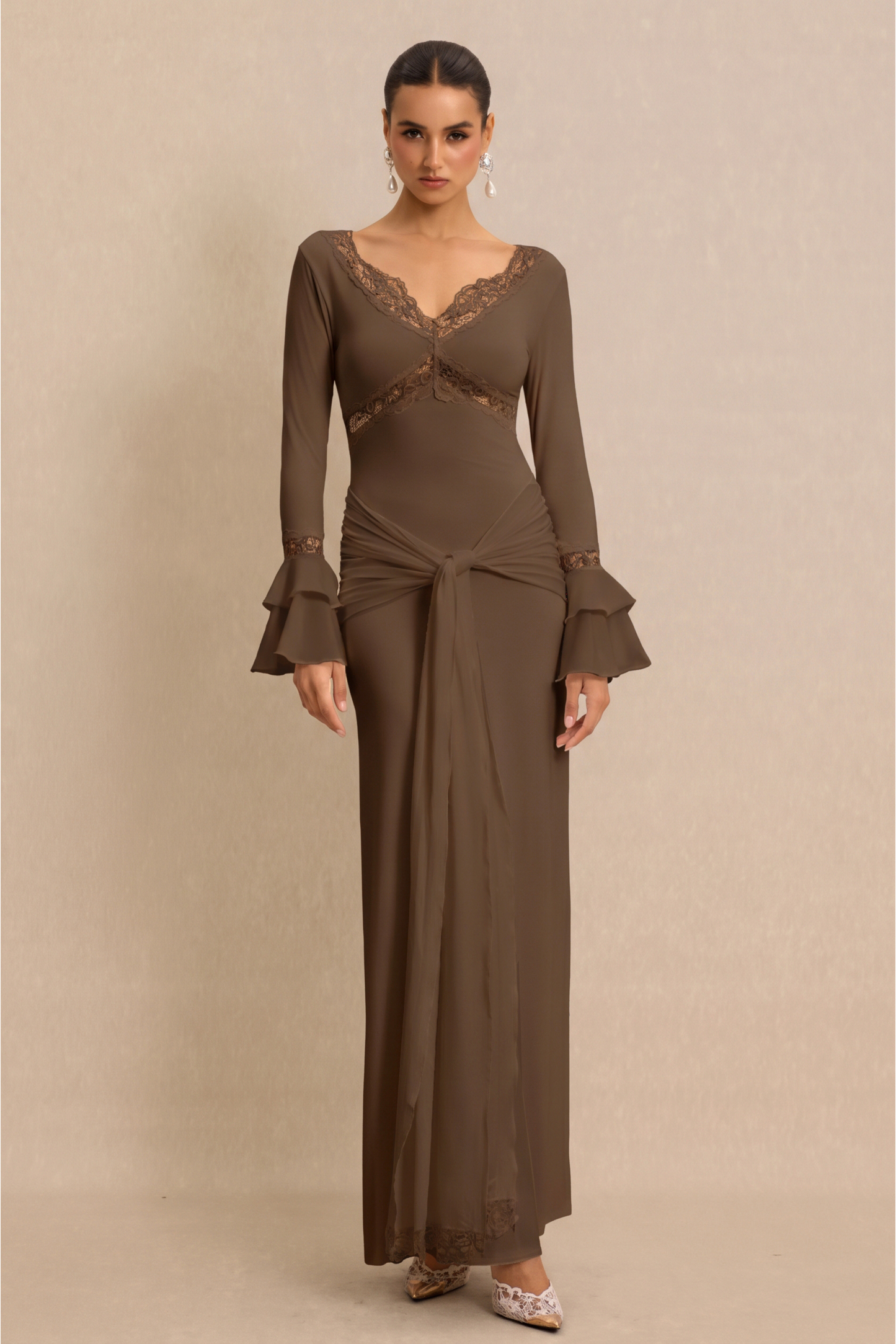 Lace Splicing Jersey Frill Maxi Dress