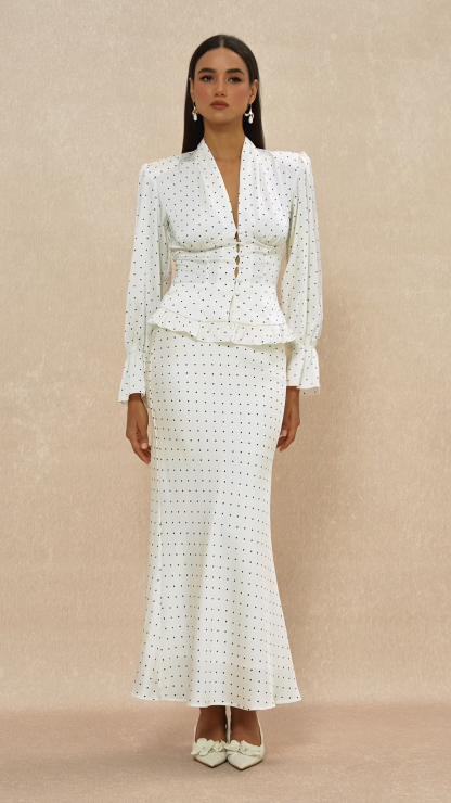Satin Polka Dot Top & High Waist Midi Skirt Set