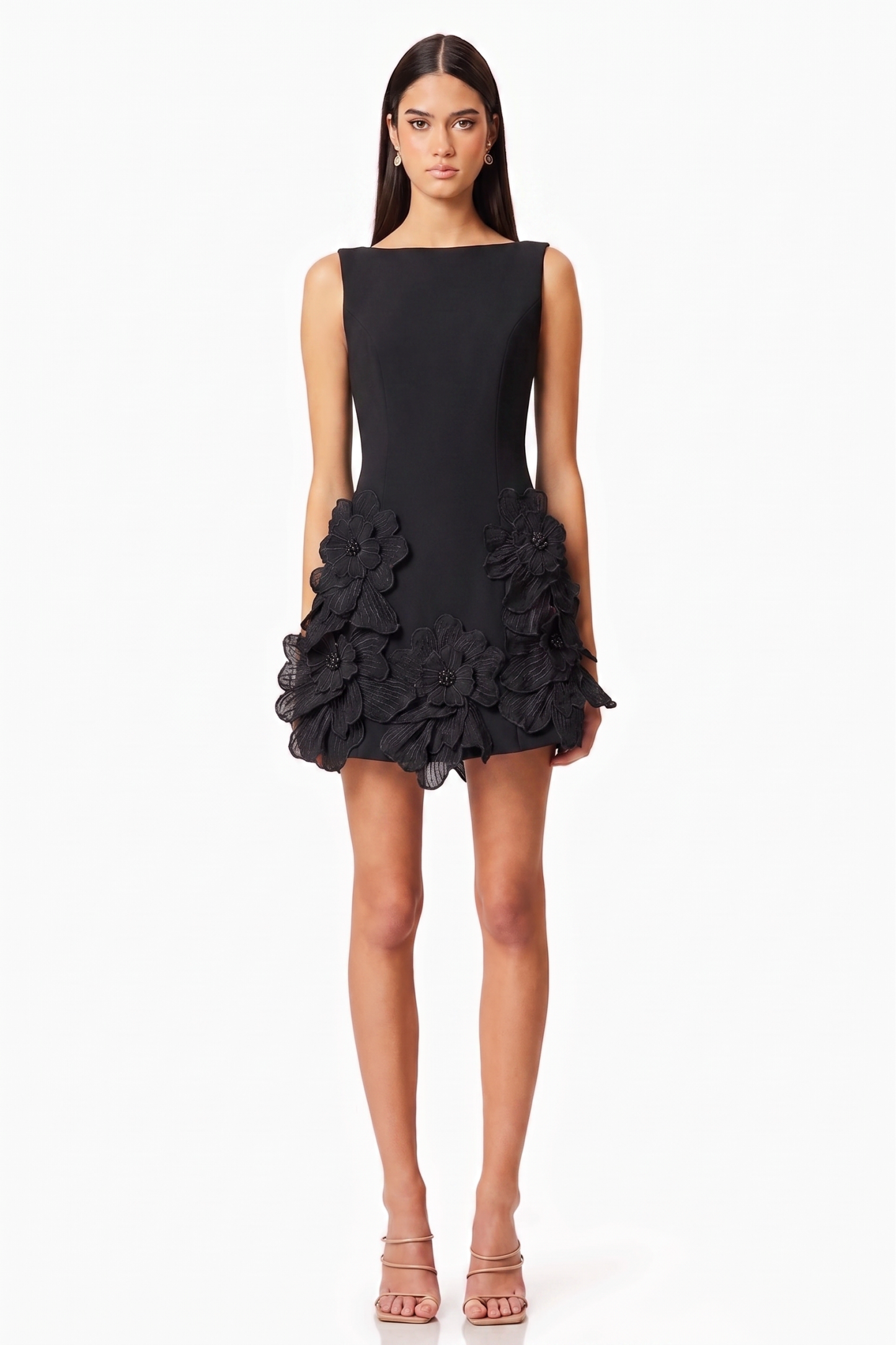 3D Flower Solid Round Neck Mini Dress
