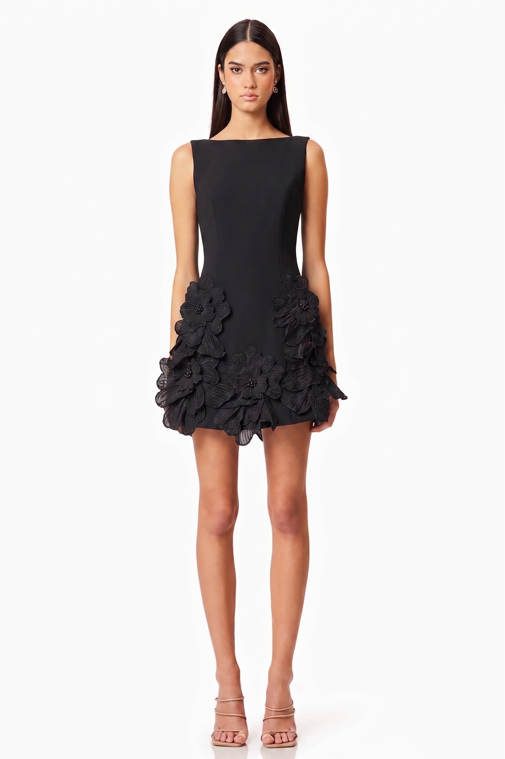 3D Flower Solid Round Neck Mini Dress
