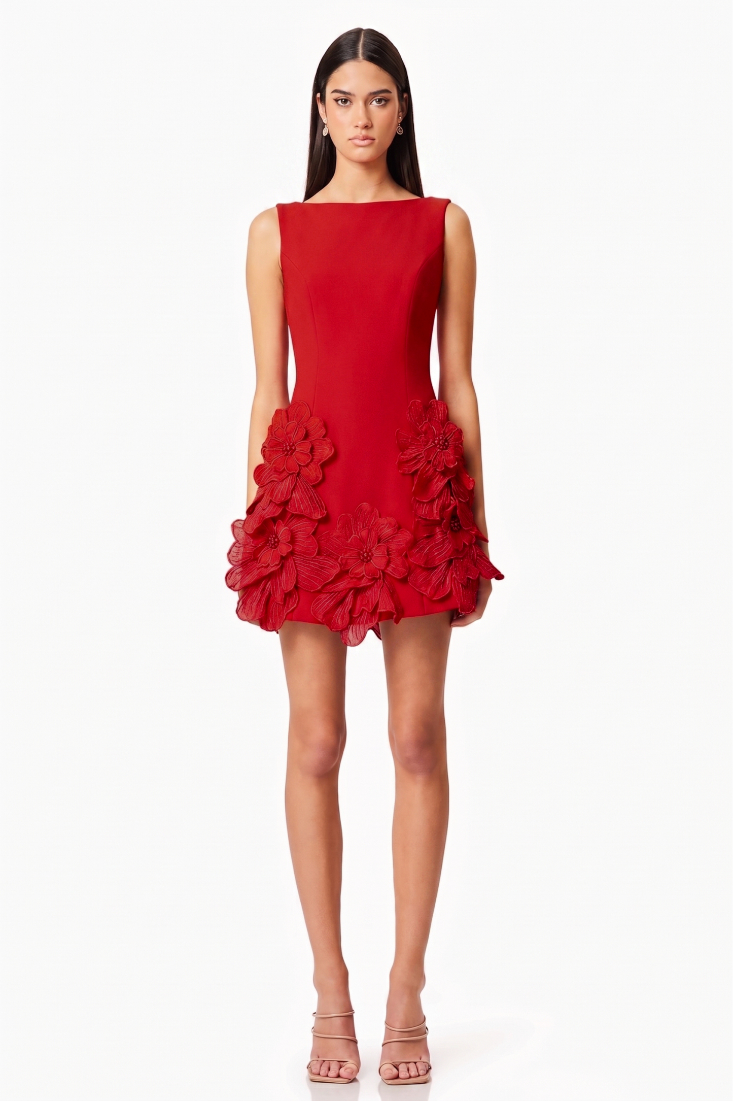 3D Flower Solid Round Neck Mini Dress