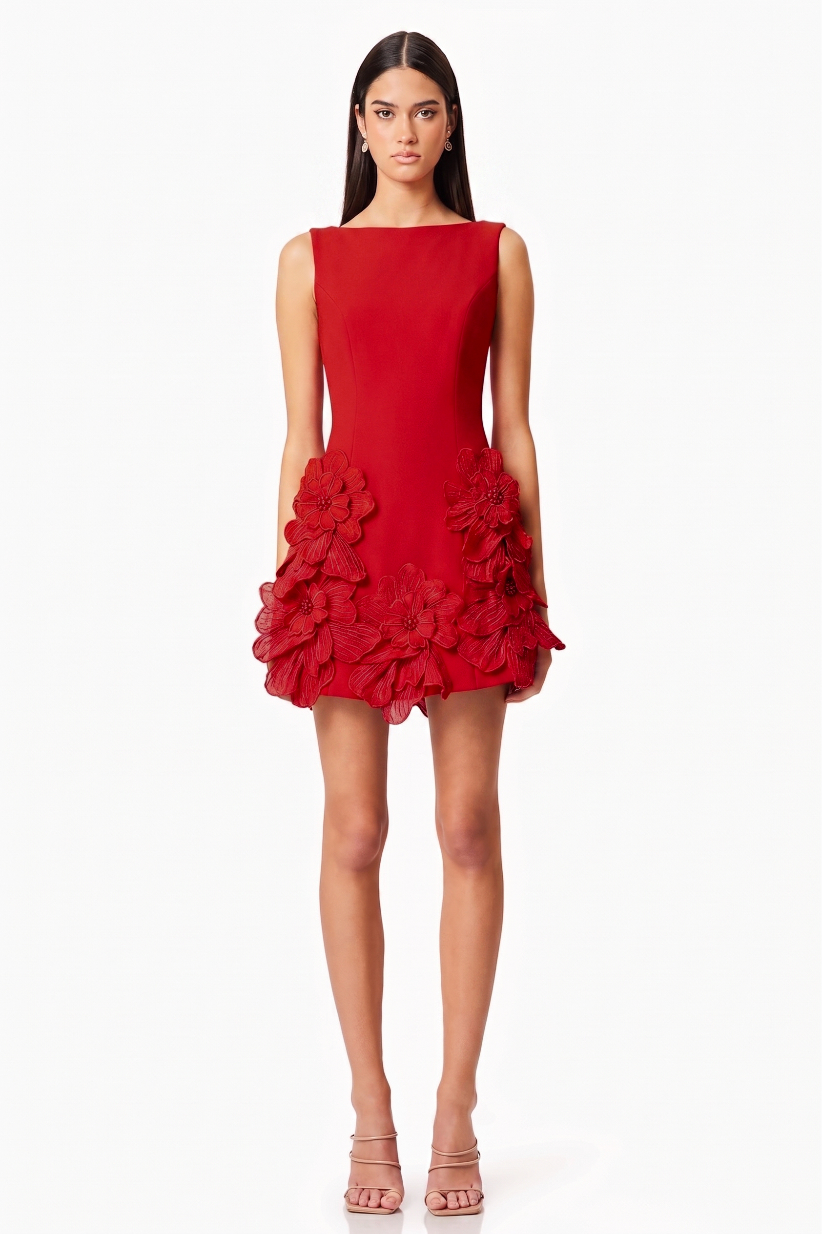 3D Flower Solid Round Neck Mini Dress
