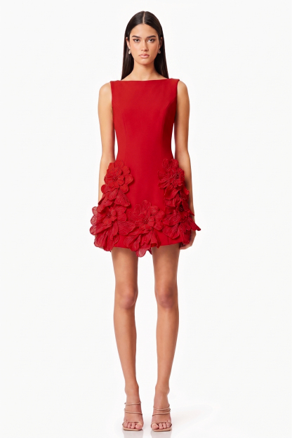 3D Flower Solid Round Neck Mini Dress