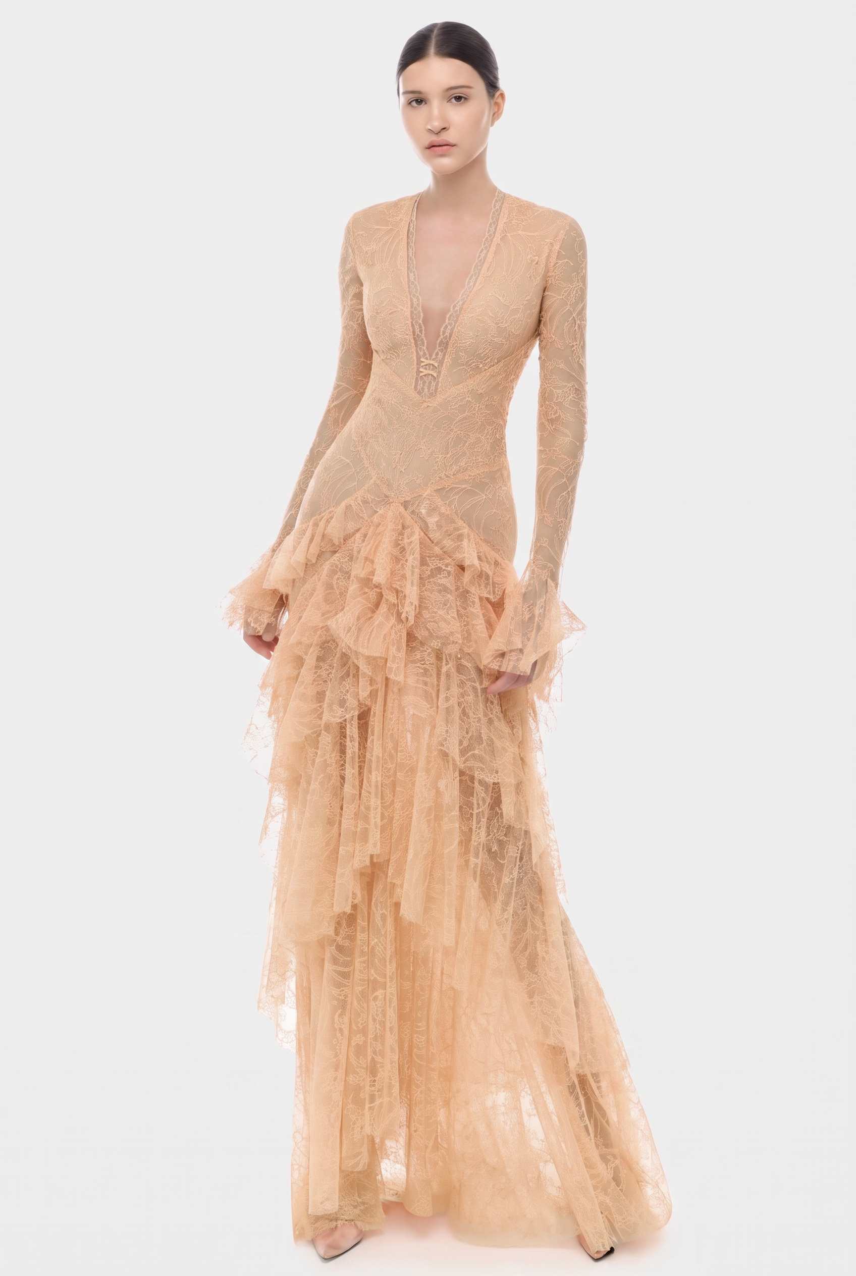 Lace Ruffle Bell Sleeve Maxi Dress