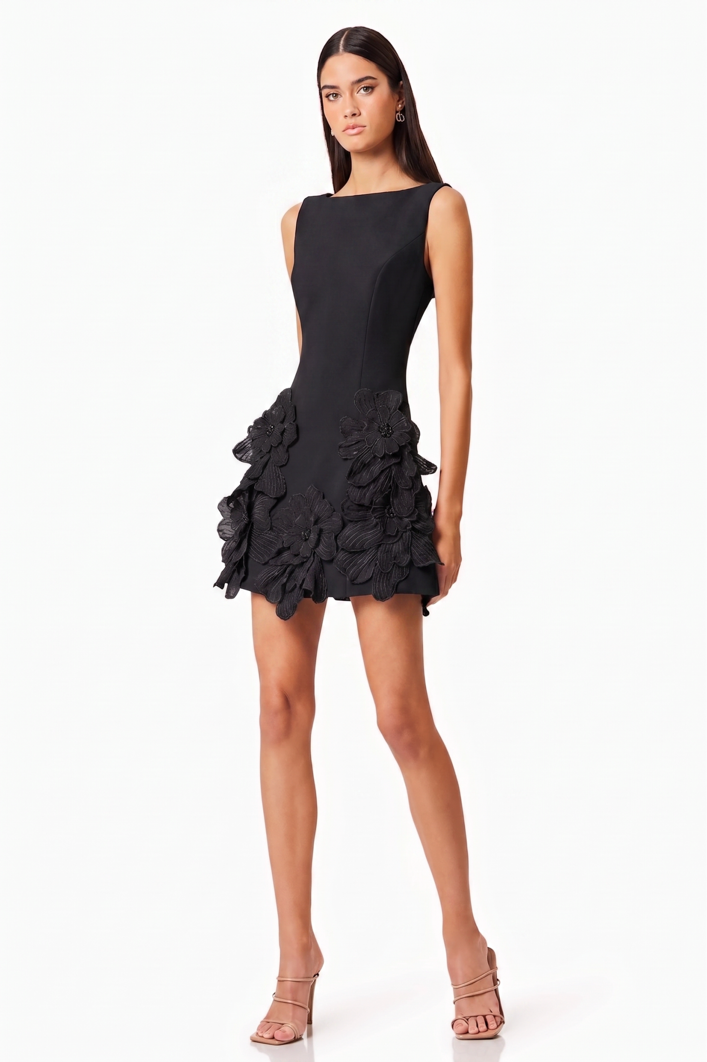 3D Flower Solid Round Neck Mini Dress