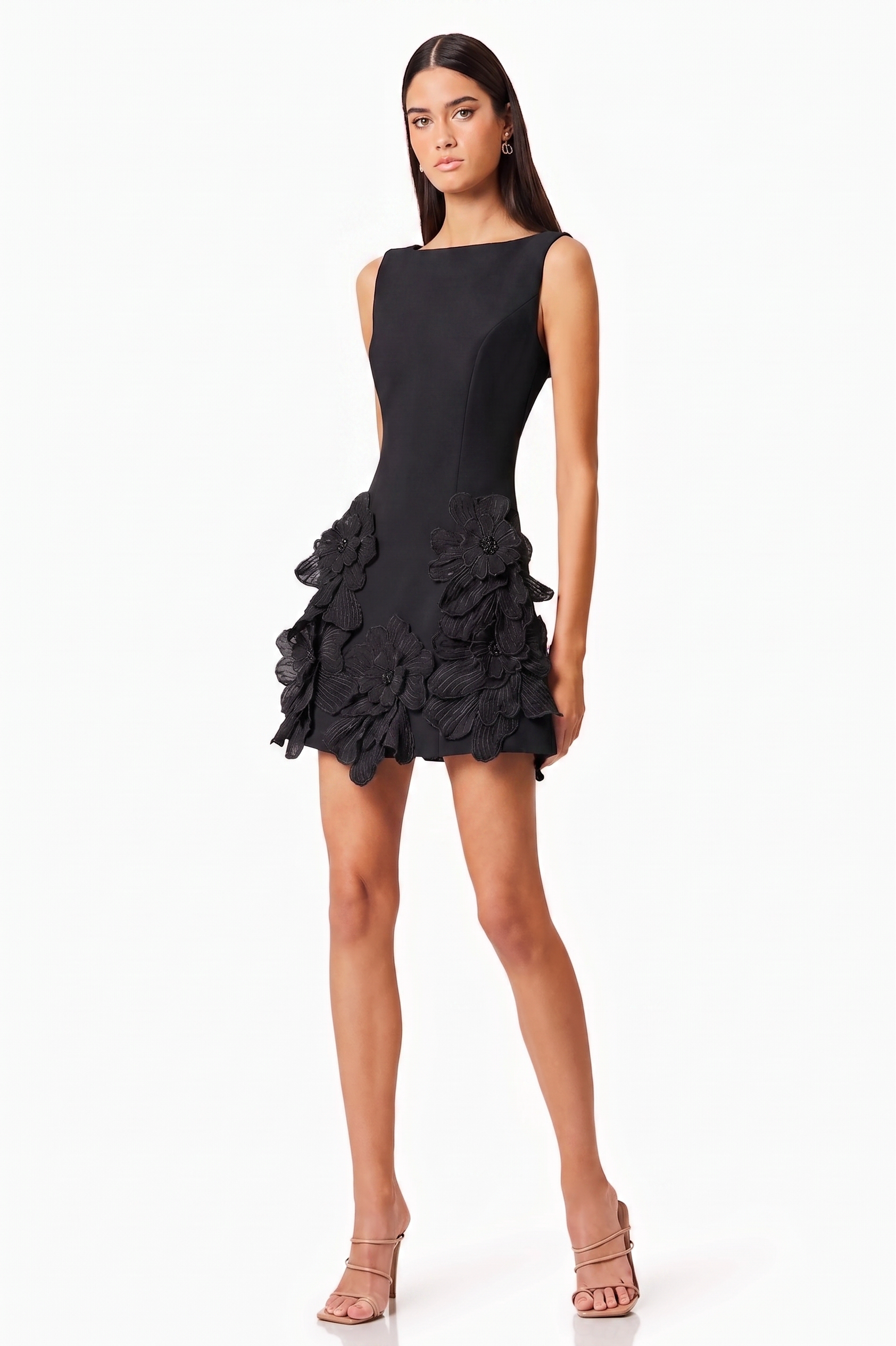 3D Flower Solid Round Neck Mini Dress
