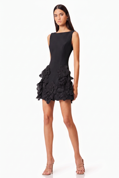 3D Flower Solid Round Neck Mini Dress
