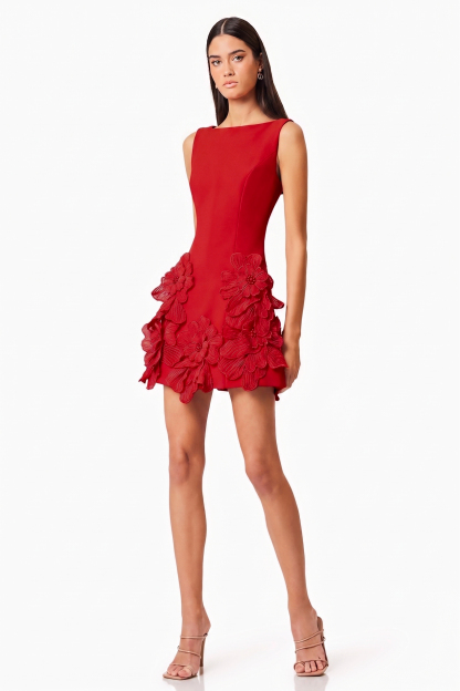 3D Flower Solid Round Neck Mini Dress