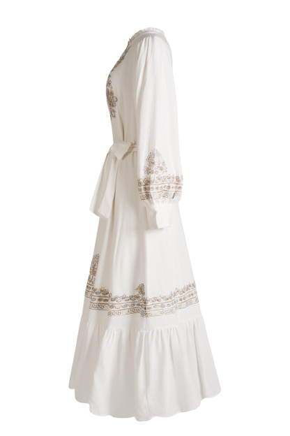 Embroidered Lace-Up Lantern Sleeve Midi Dress