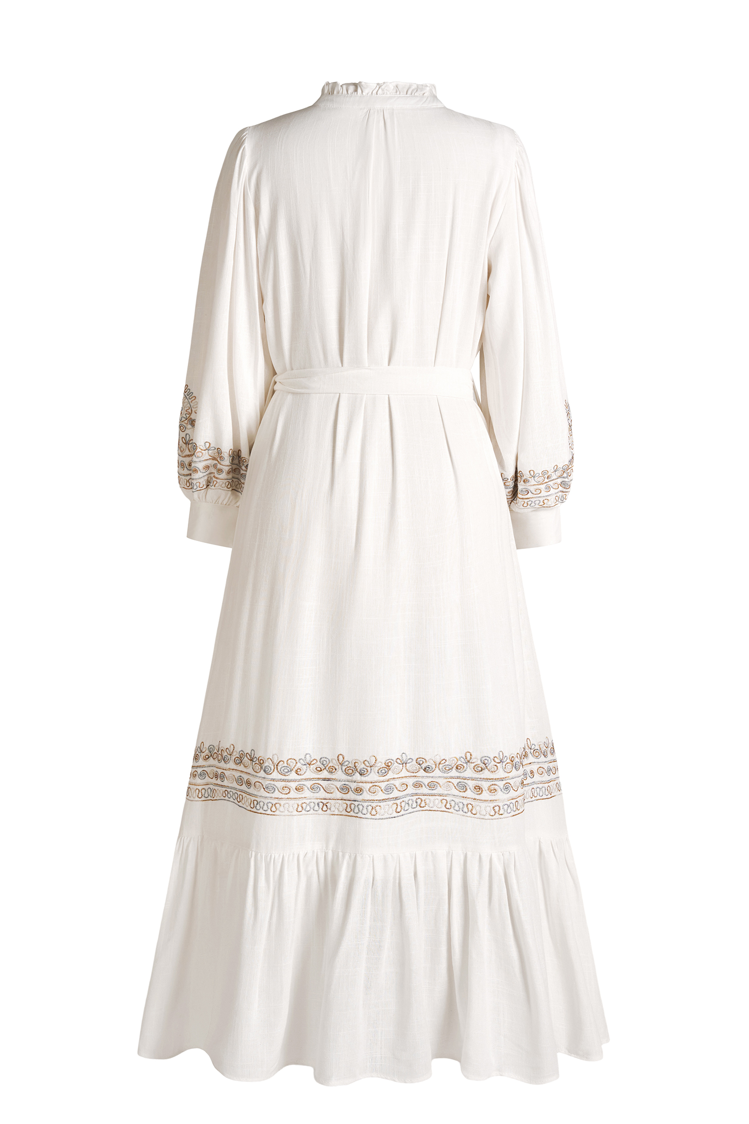 Embroidered Lace-Up Lantern Sleeve Midi Dress