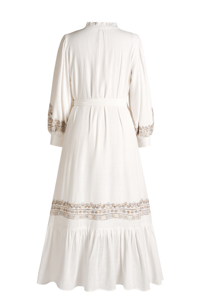 Embroidered Lace-Up Lantern Sleeve Midi Dress