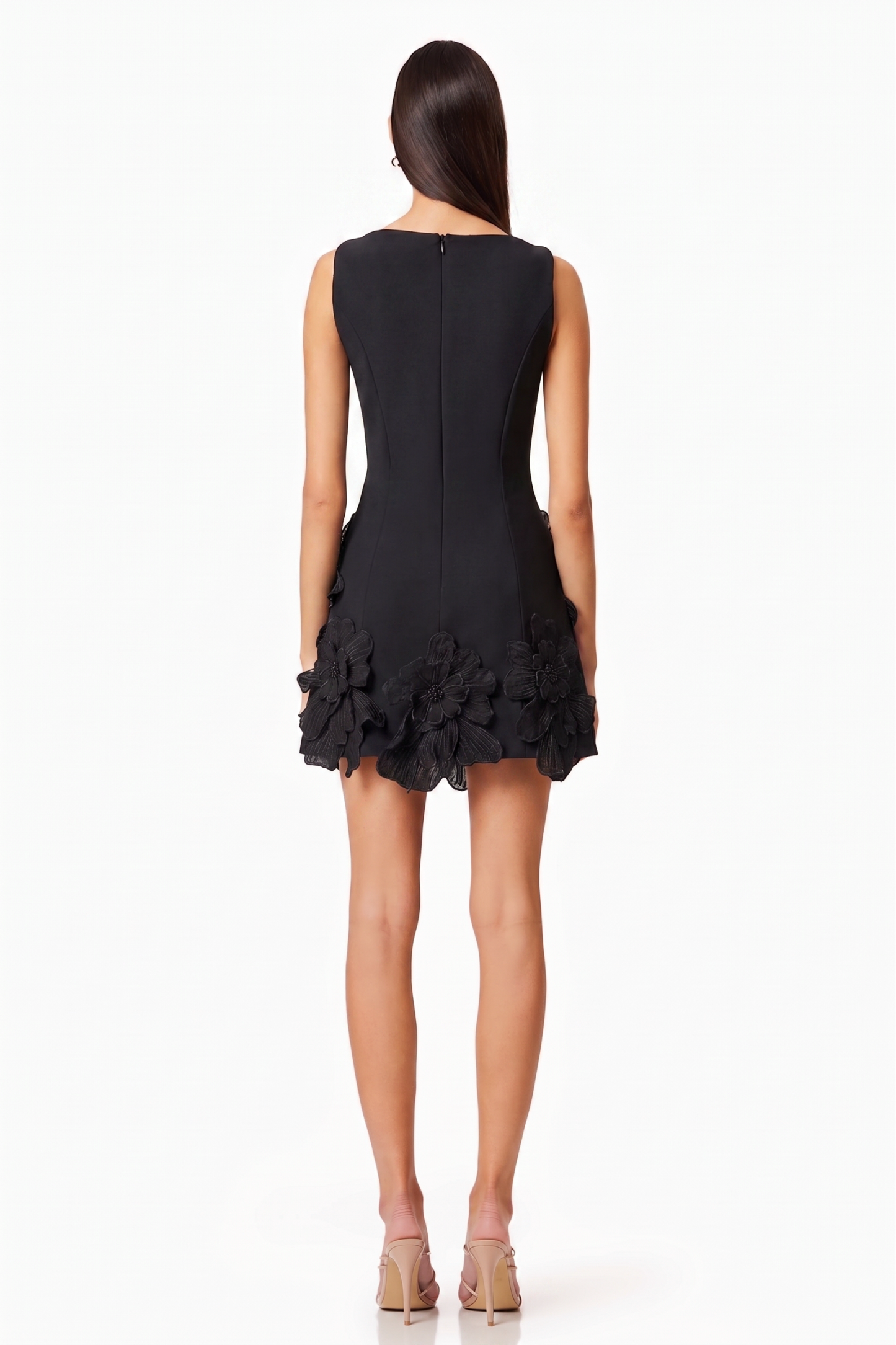 3D Flower Solid Round Neck Mini Dress