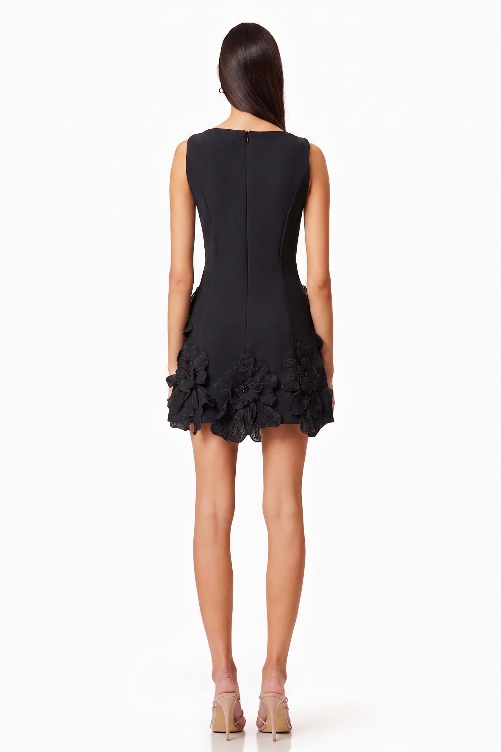 3D Flower Solid Round Neck Mini Dress