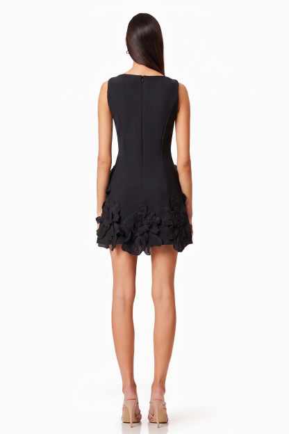 3D Flower Solid Round Neck Mini Dress