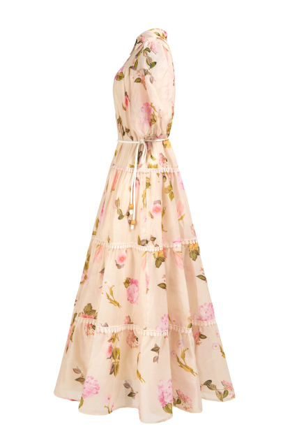 Single Breasted Lace Floral Midi Dress