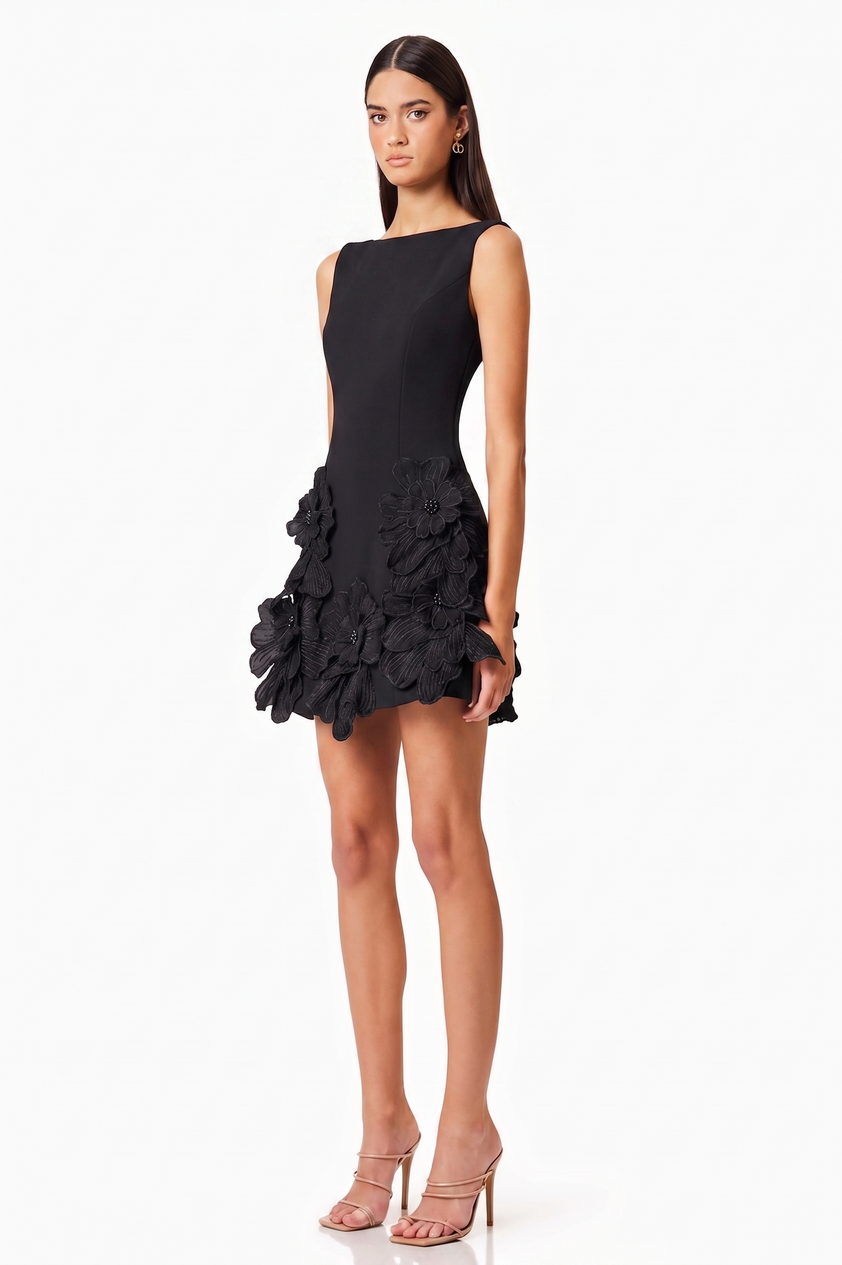 3D Flower Solid Round Neck Mini Dress