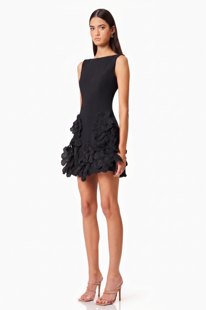 3D Flower Solid Round Neck Mini Dress