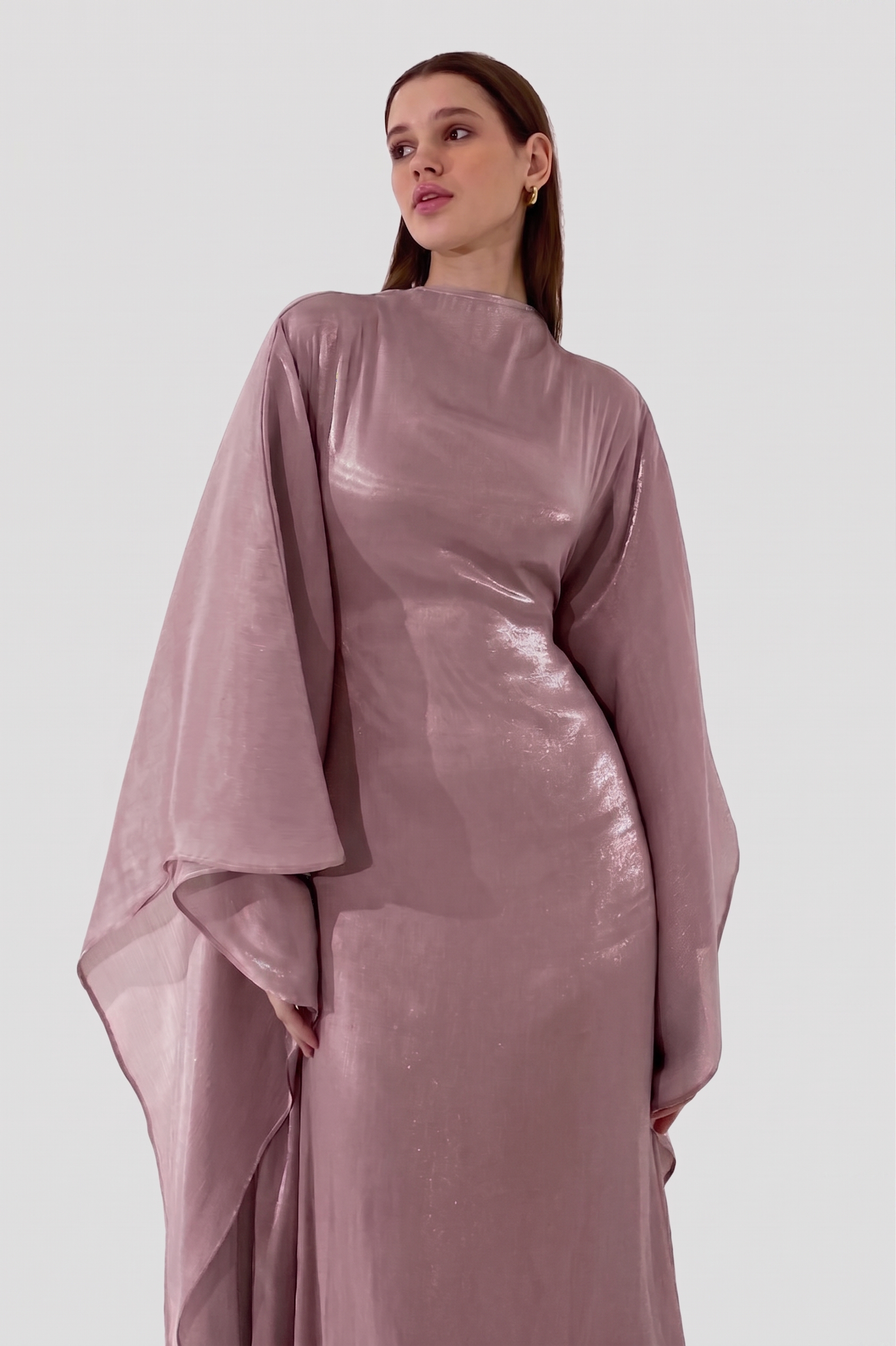 Organza High Neck Batwing Sleeve Midi Dress