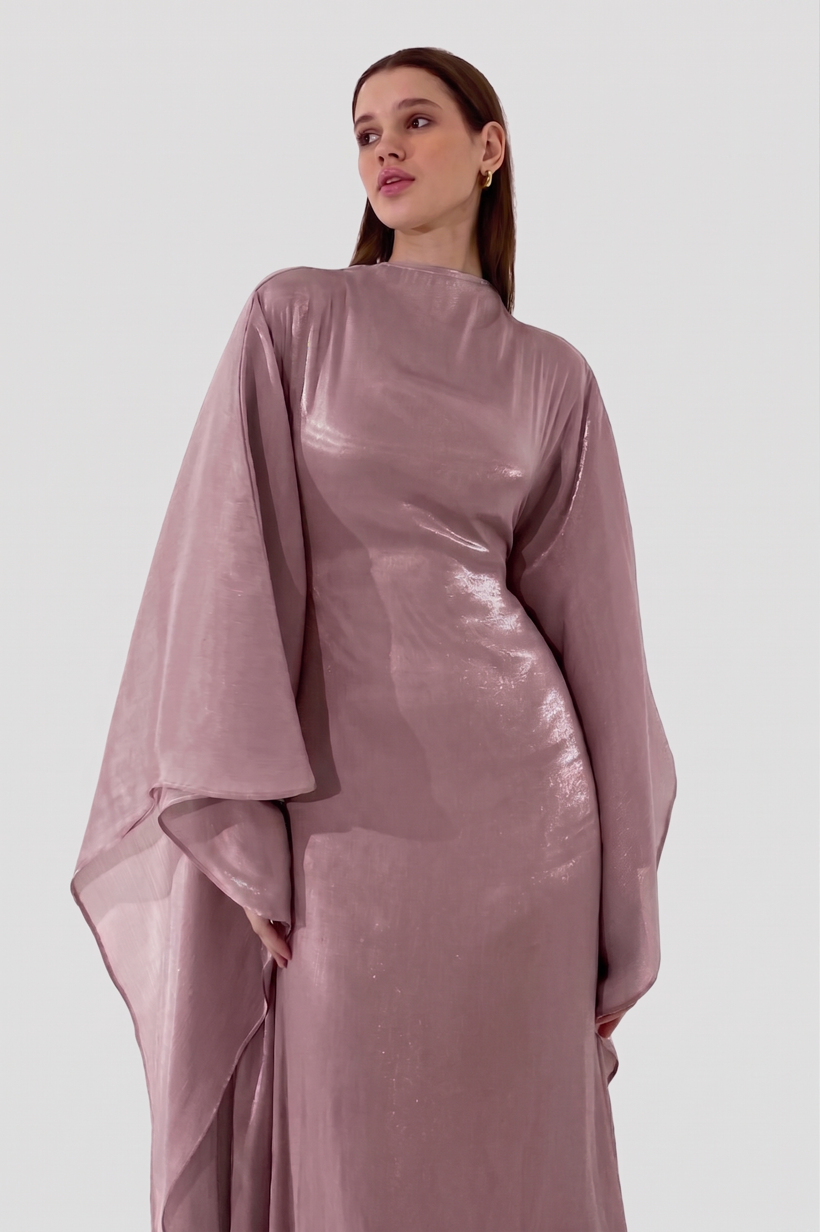 Organza High Neck Batwing Sleeve Midi Dress